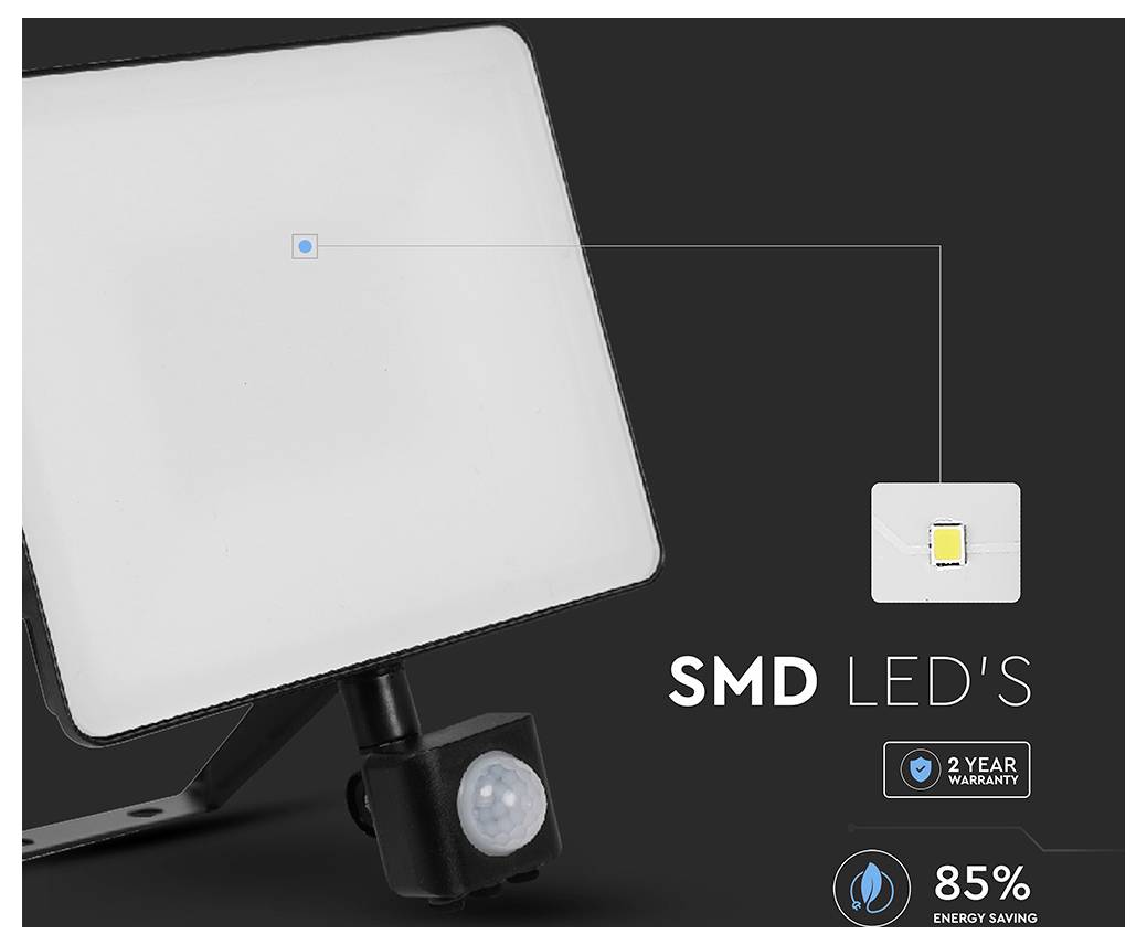 Ein quadratisches LED-Licht mit Bewegungssensor wird gezeigt. Text liest sich: 'SMD-LEDs', '2 Jahre Garantie' und '85% Energieeinsparung' mit Symbolen daneben.