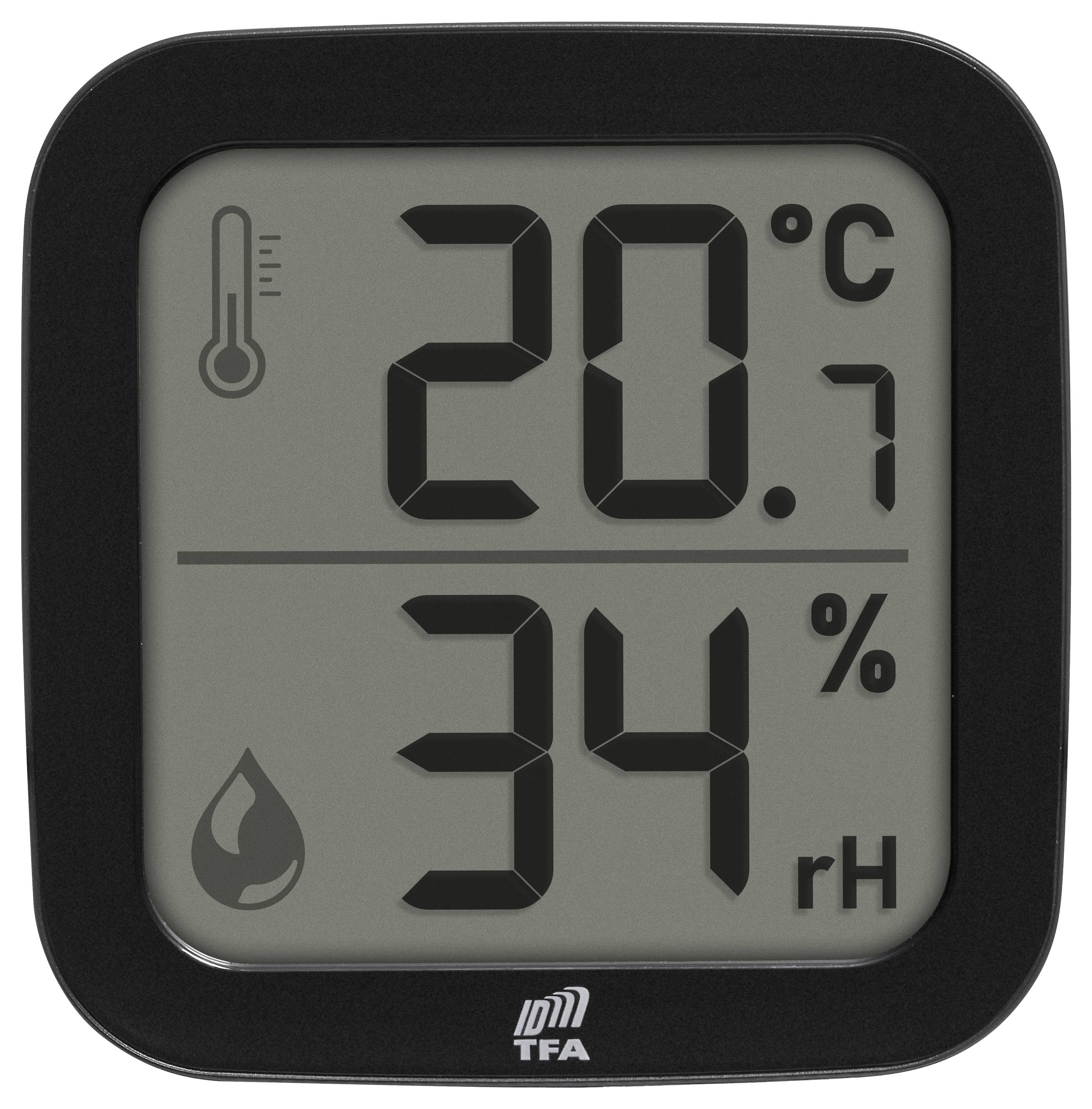 Digitale Anzeige zeigt Temperatur von 20,7 Grad Celsius und Luftfeuchtigkeit von 34% relativer Luftfeuchtigkeit.