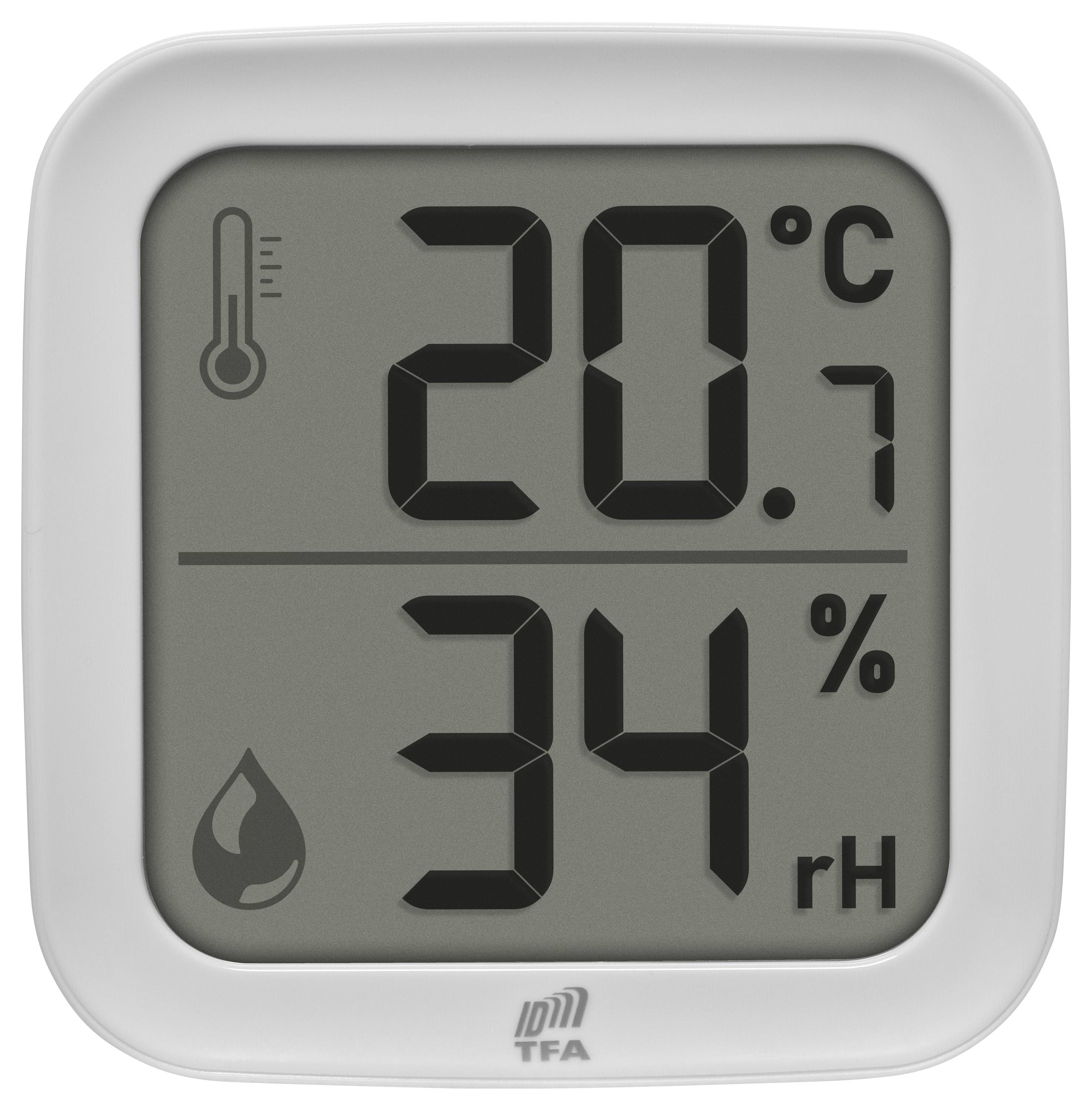 Digitale Anzeige zeigt '20,7°C' Temperatur und '34% rF' relative Luftfeuchtigkeit.