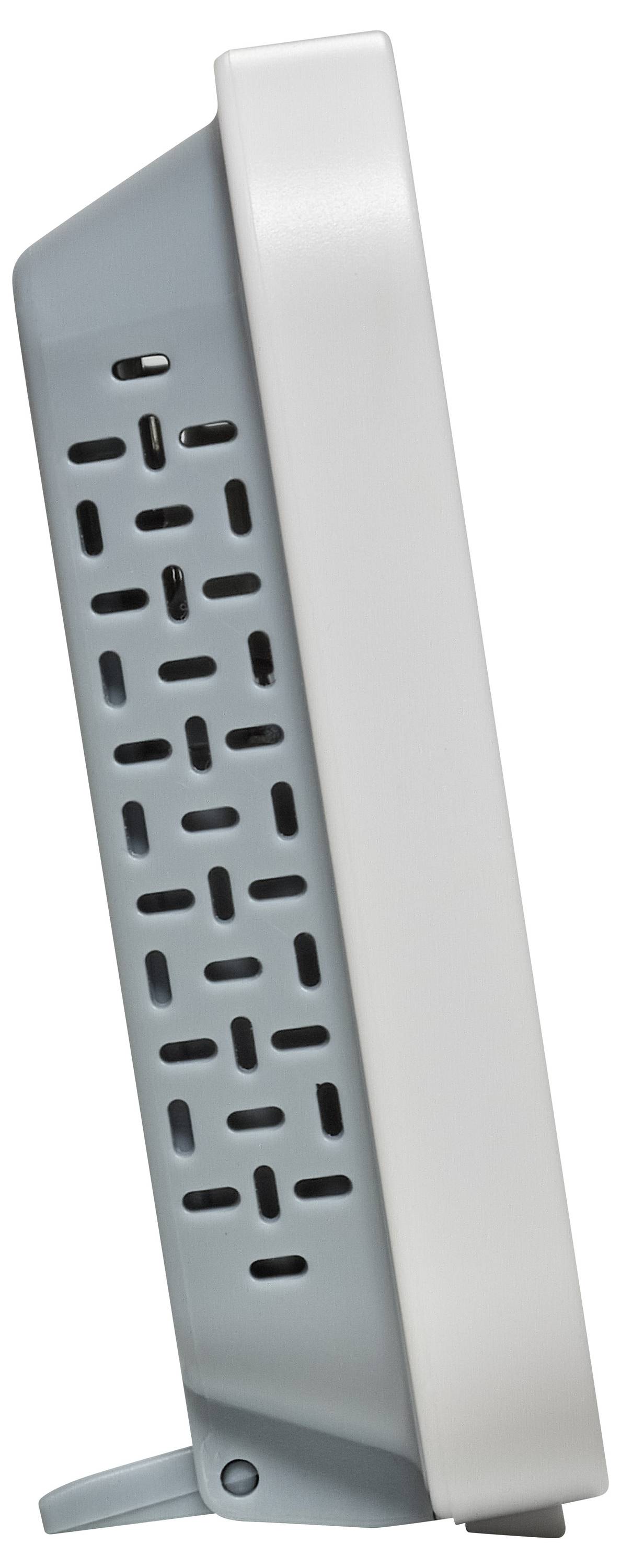 Eine weiße und graue Seitenansicht eines rechteckigen elektronischen Geräts mit einem belüfteten Panel, möglicherweise ein Luftreiniger oder Heizgerät, auf einem Ständer.