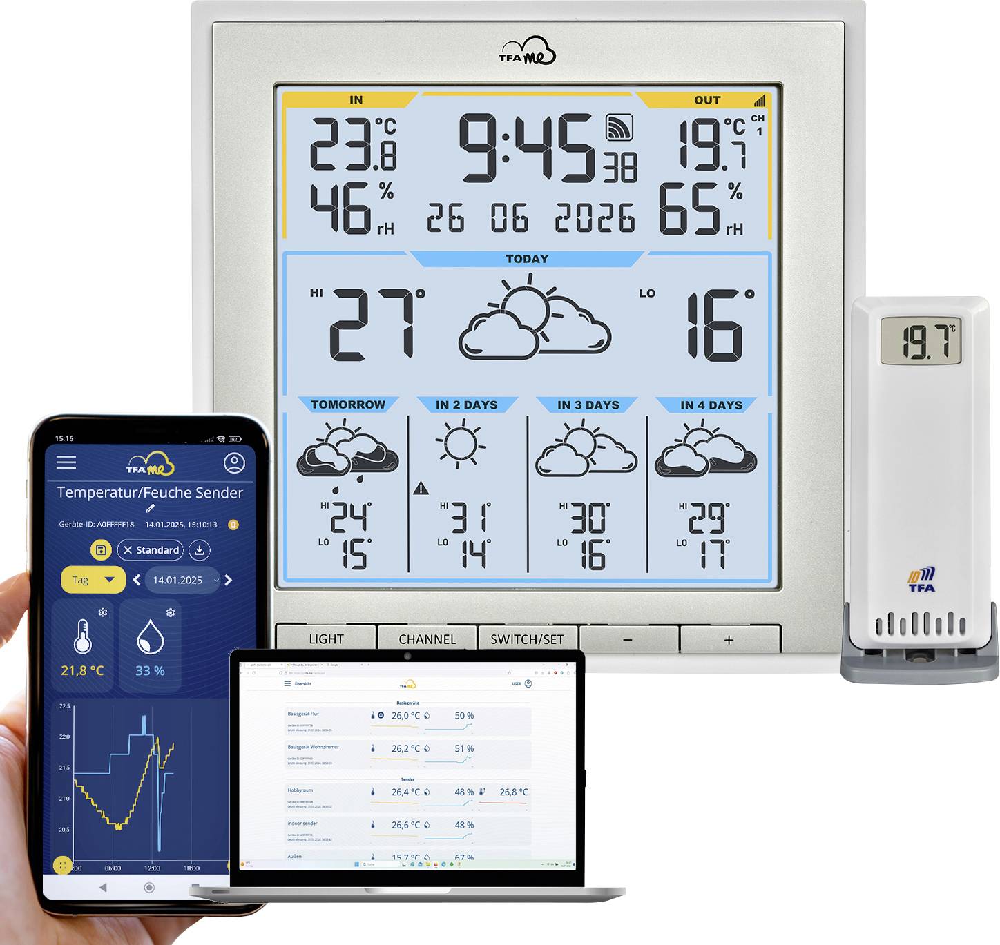 Wetterstation-Display mit Temperatur, Datum, Uhrzeit und Vier-Tage-Vorhersage; App auf Smartphone und Laptop zeigt Temperaturverläufe.