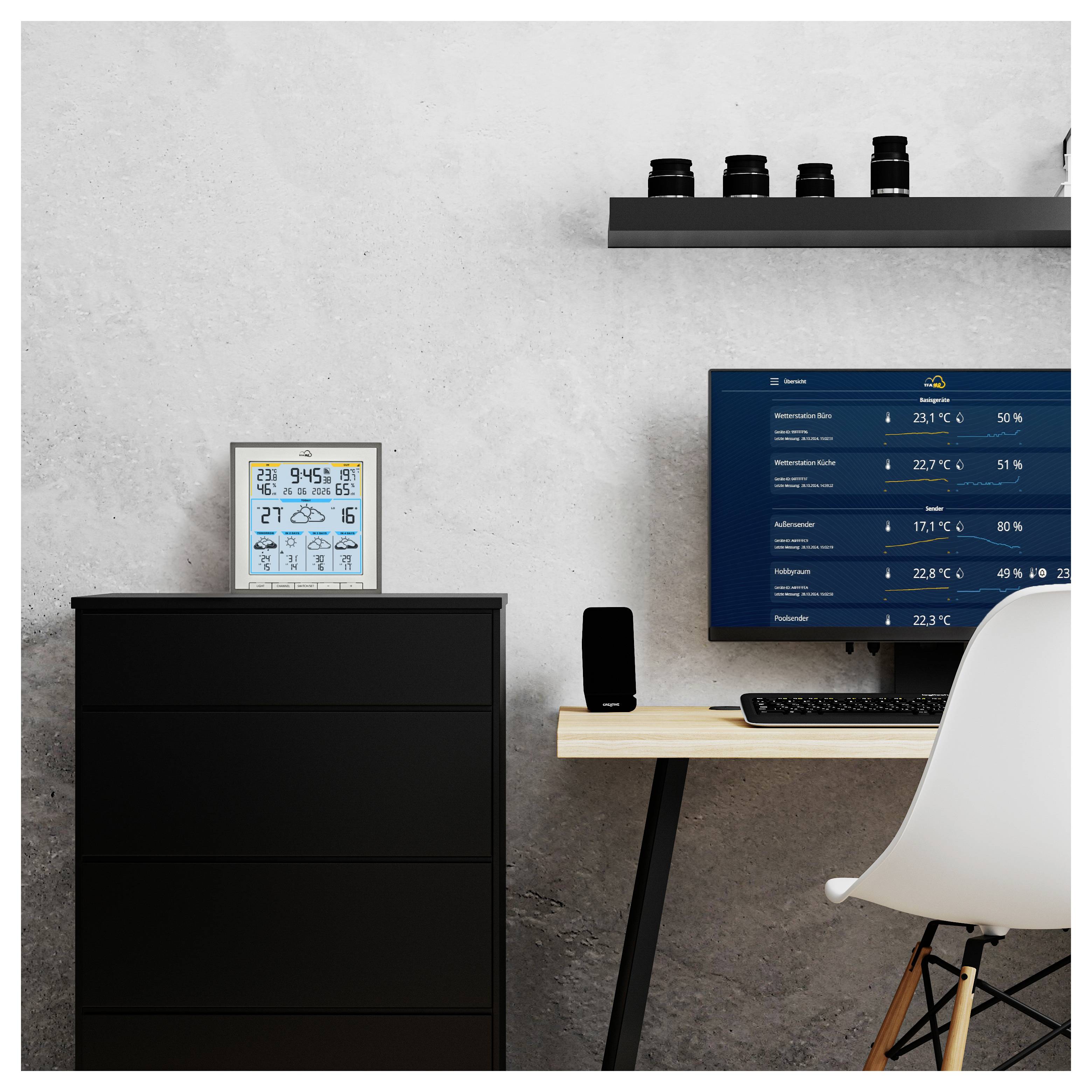 Ein moderner Arbeitsbereich mit einem Schreibtisch und einem Stuhl. Eine an der Wand montierte digitale Wetteranzeige zeigt Temperatur, Luftfeuchtigkeit und Vorhersagen.