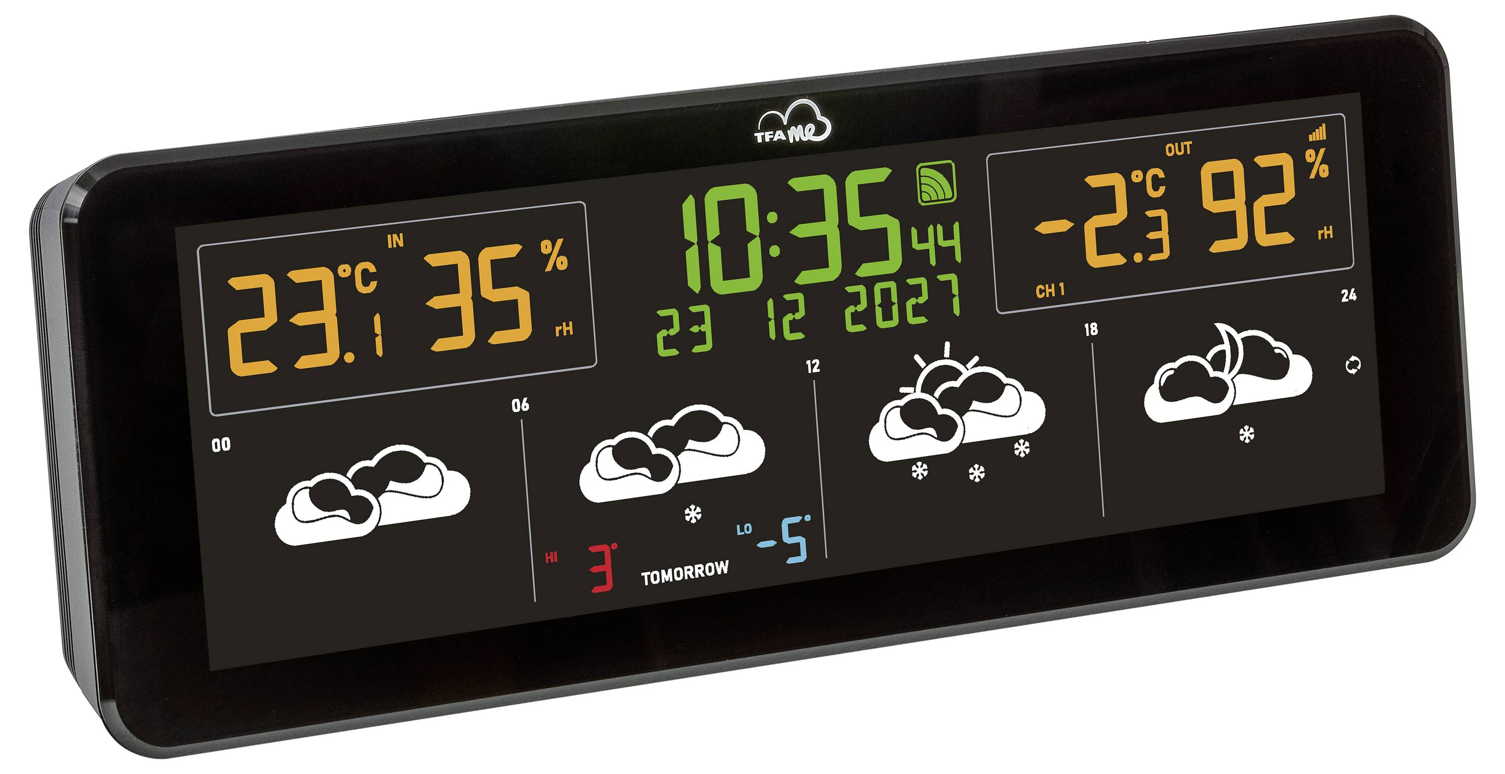 Digitale Wetteranzeige zeigt Innentemperatur 23,1°C und 35% Luftfeuchtigkeit, Außentemperatur -2°C und 92% Luftfeuchtigkeit, Uhrzeit 10:35.