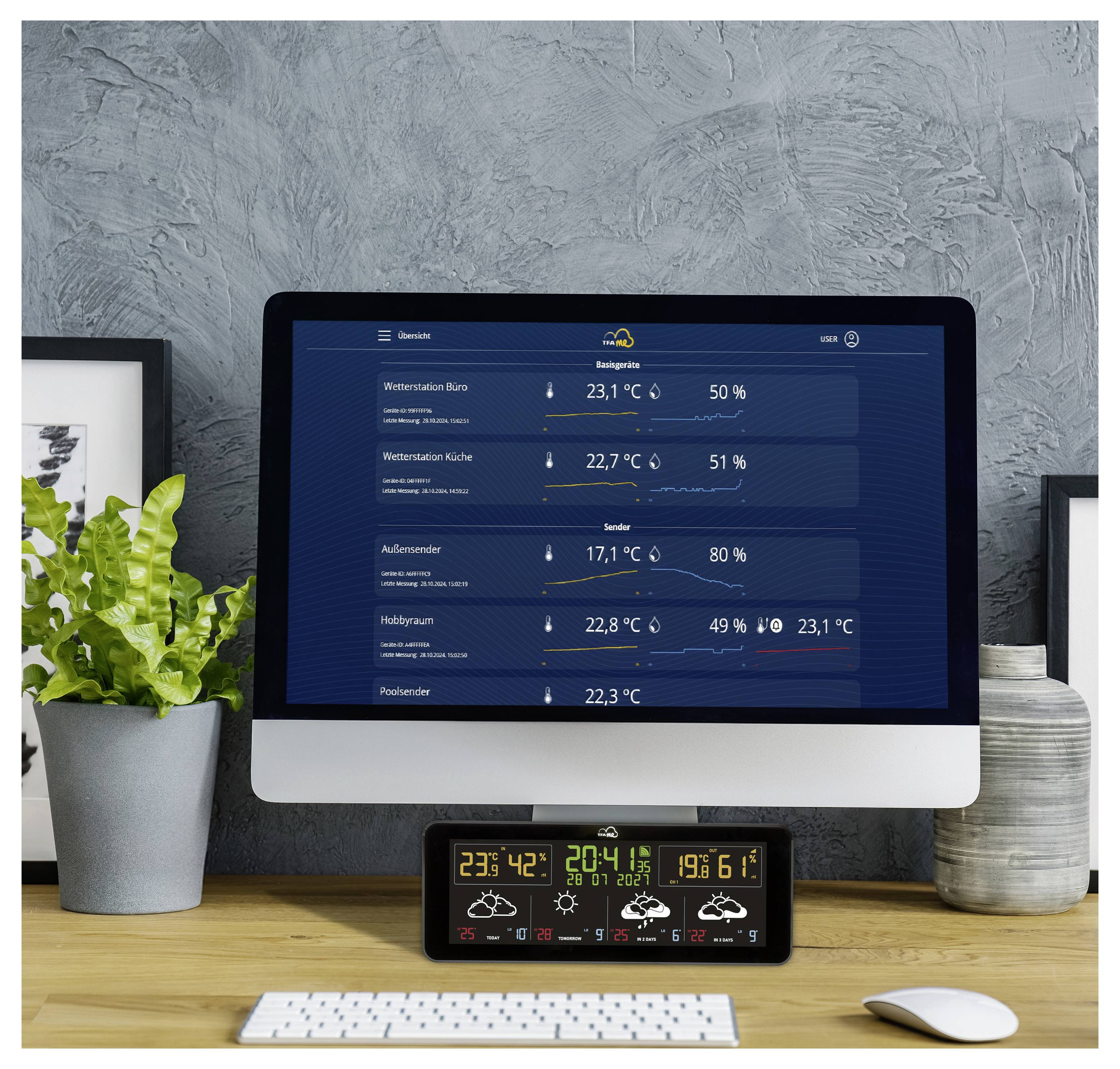 Ein Computerbildschirm auf einem Schreibtisch zeigt ein digitales Dashboard mit Temperatur- und Luftfeuchtigkeitswerten für verschiedene Räume. Eine digitale Uhr und eine Pflanze befinden sich in der Nähe.