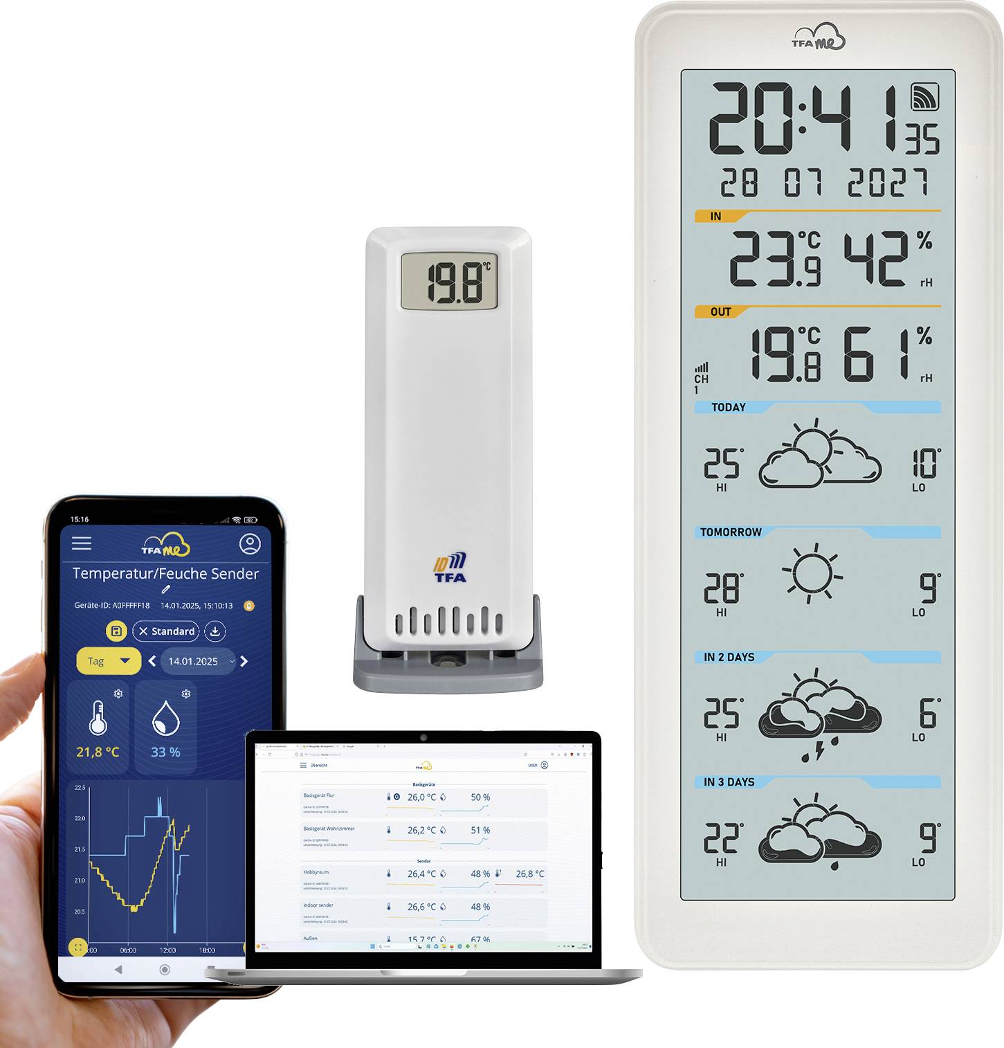 Digitale Wetterstation-Anzeige, die aktuelle Uhrzeit, Temperatur, Luftfeuchtigkeit und Vorhersage zeigt, mit begleitenden App-Schnittstellen auf Smartphone und Laptop.