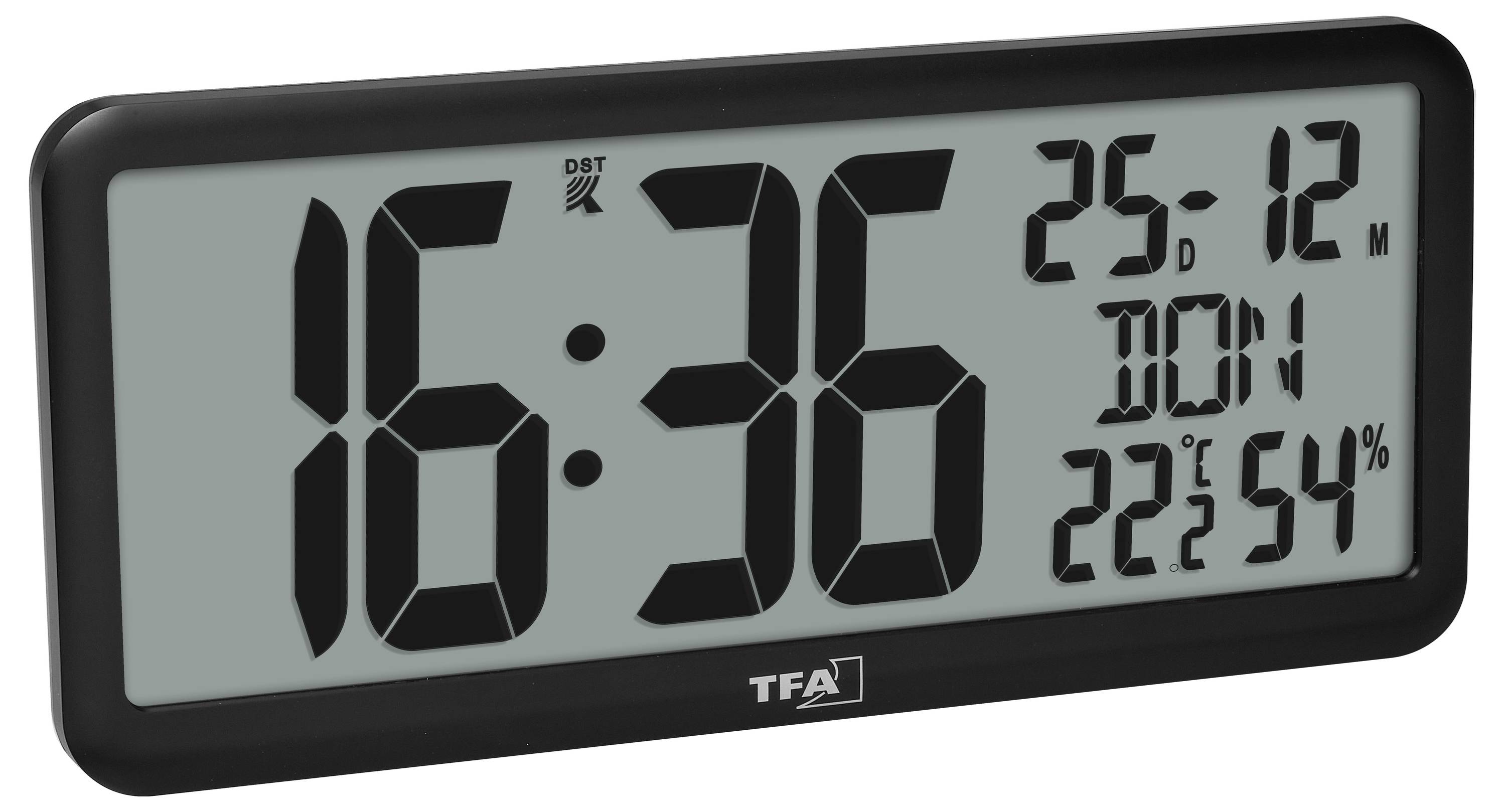 Digitale Wanduhr zeigt '16:36', '25' (Tag), '12' (Monat), 'MON' (Wochentag), Temperatur '22,6°' und Luftfeuchtigkeit '54%'.