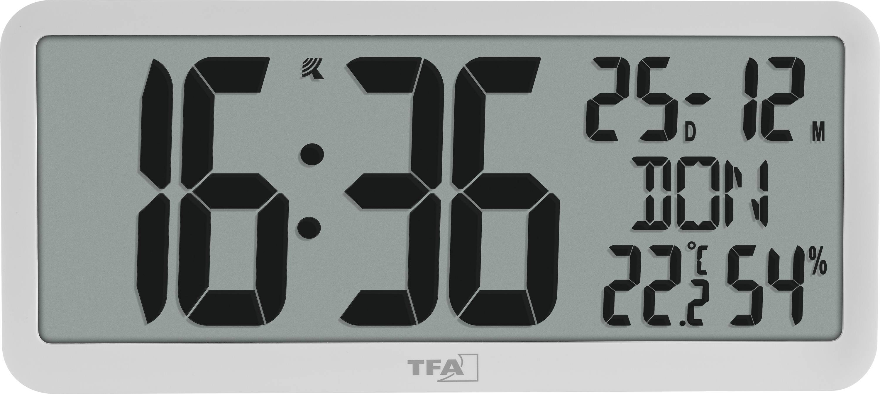 Eine digitale Wanduhr, die '16:36' anzeigt, mit zusätzlichen Indikatoren für das Datum '25-12' und die Temperatur '22.2°C' sowie die Luftfeuchtigkeit '54%'.