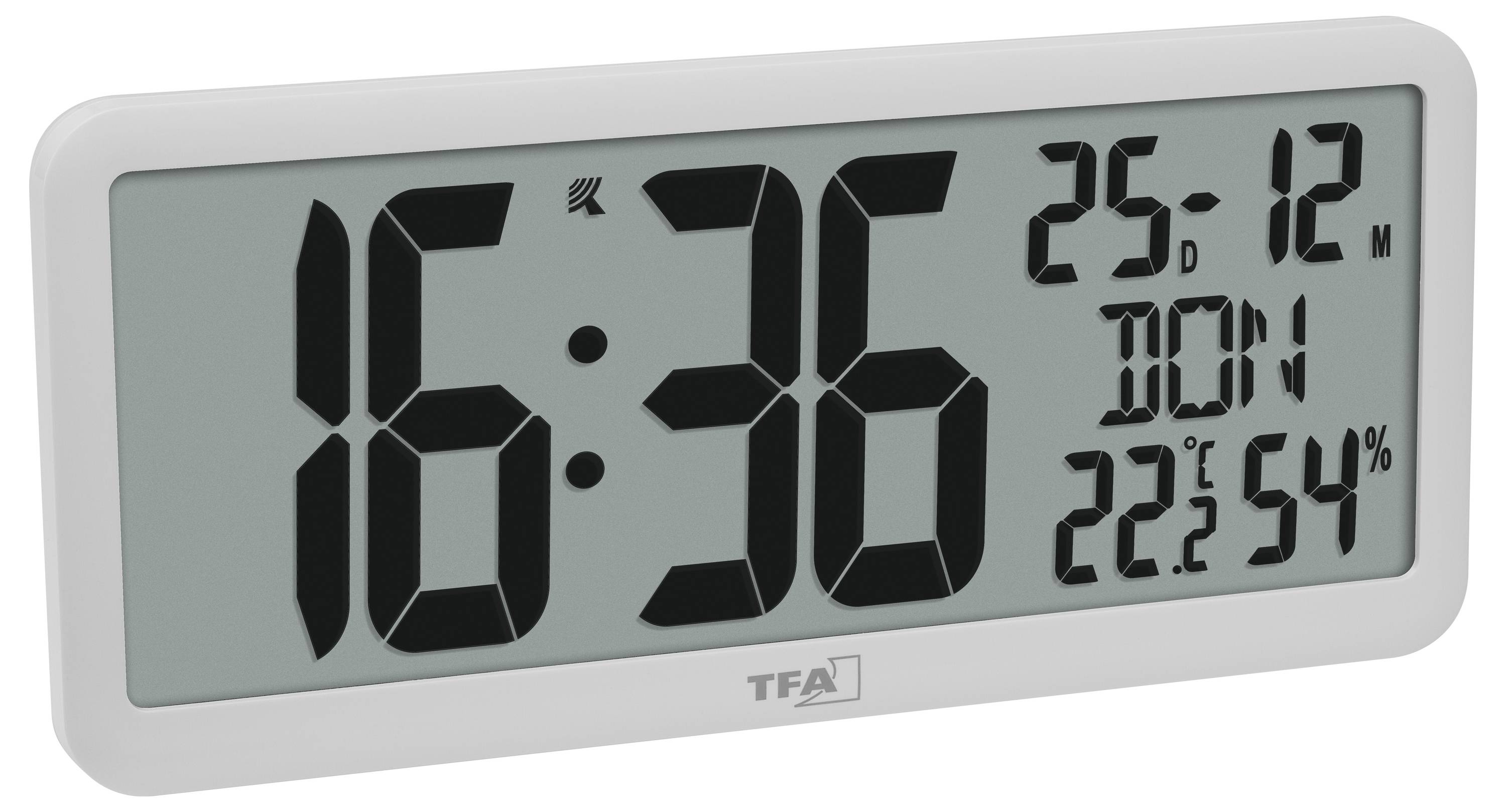 Digitale Wanduhr zeigt '16:36' mit Datum '25-12', Tag 'Mon', Temperatur '22,2°C' und Luftfeuchtigkeit '54%'.