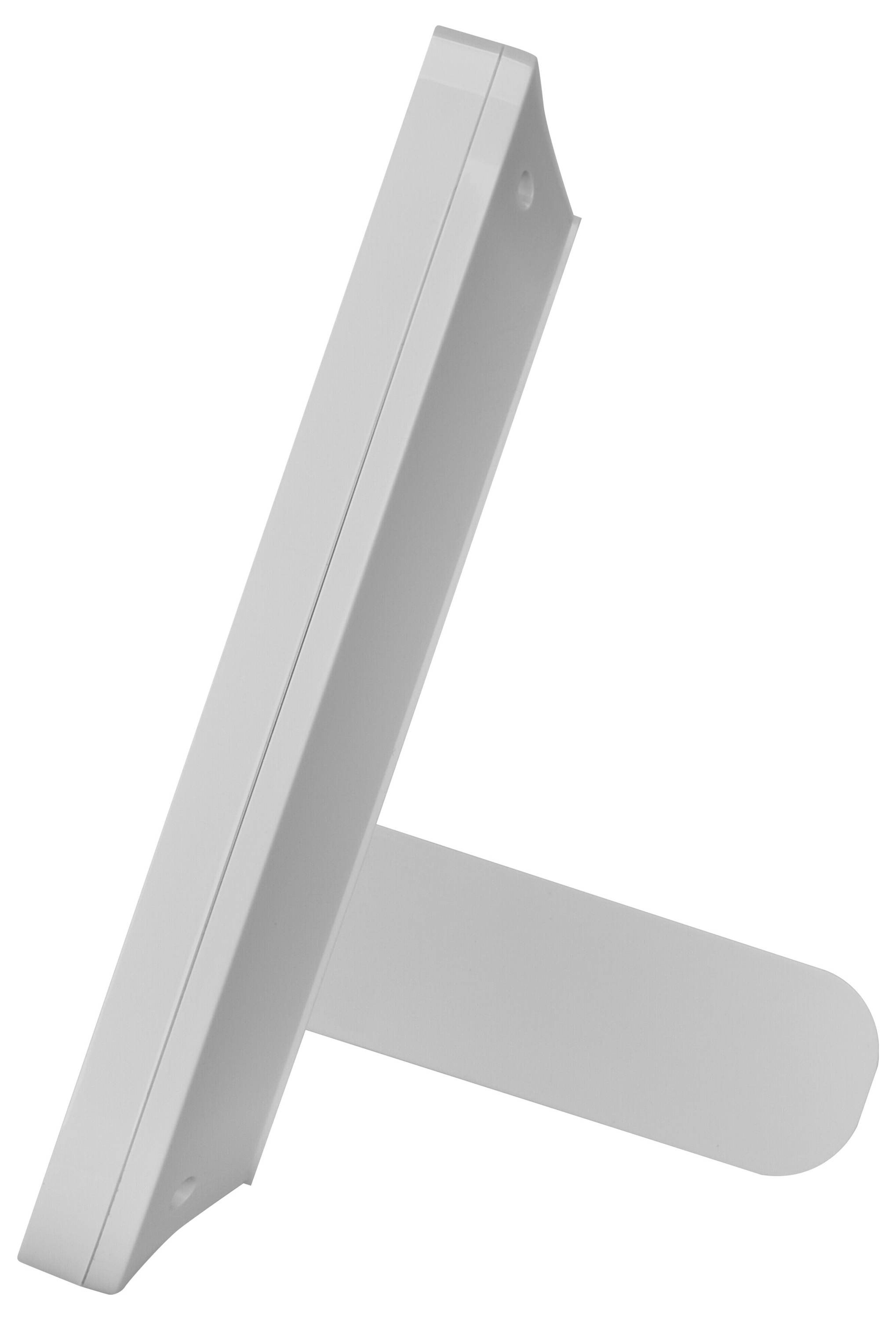 Ein schlanker, rechteckiger digitaler Bilderrahmen mit Ständer, von der Seite in einem Winkel betrachtet, der sein schlankes Design hervorhebt.