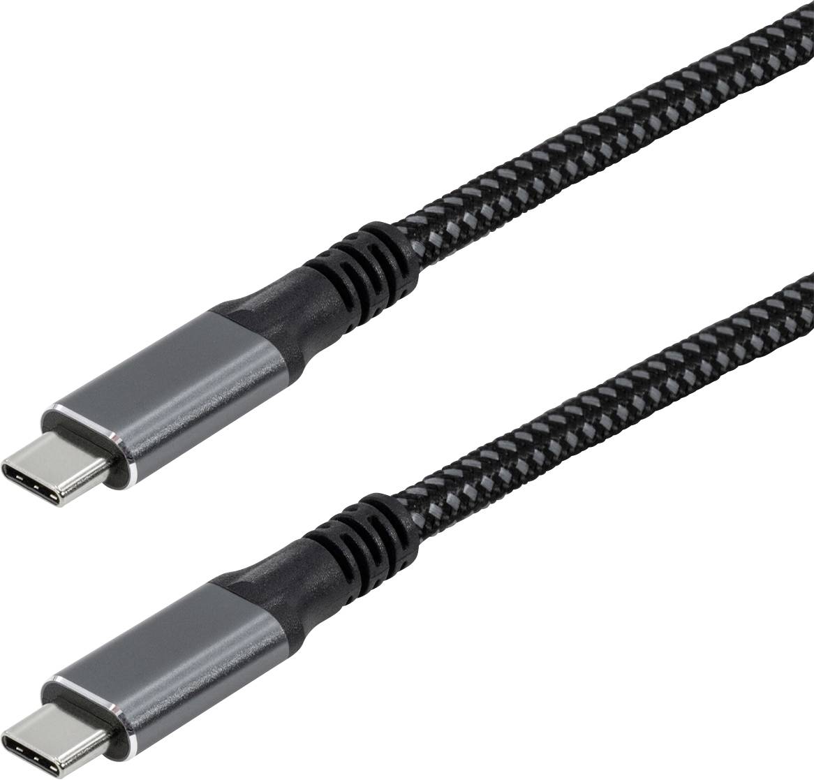 Zwei schwarze und graue geflochtene USB-C-Kabel mit Metallsteckern, parallel ausgerichtet, die ihre Haltbarkeit und Konnektivitätseigenschaften demonstrieren.