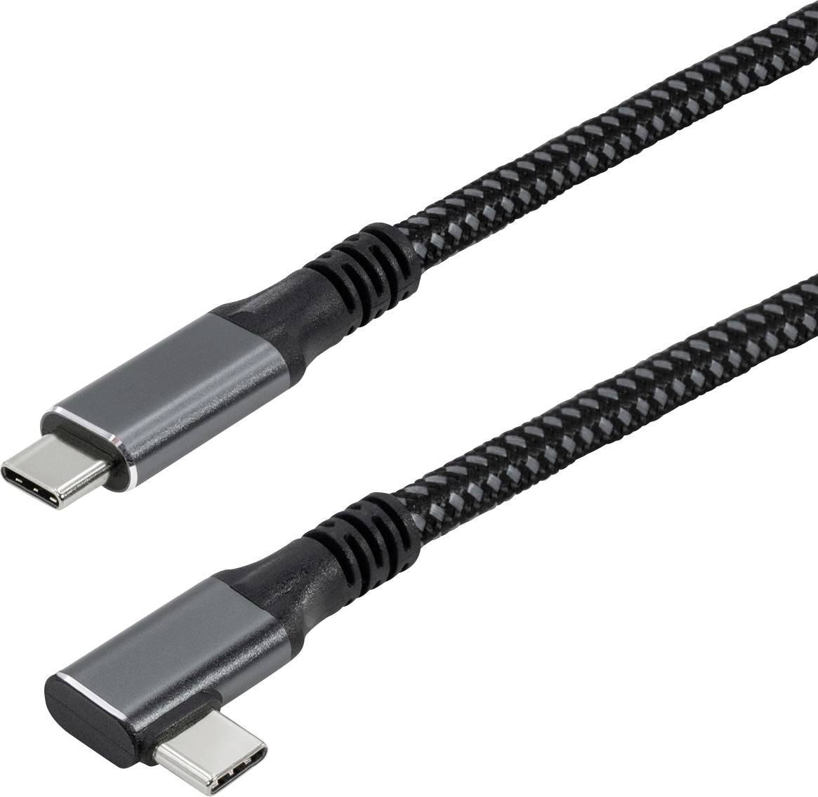 Ein geflochtenes USB-C zu USB-C Kabel mit zwei Anschlüssen, einer gerade und einer gewinkelt, entwickelt für Laden und Datenübertragung.