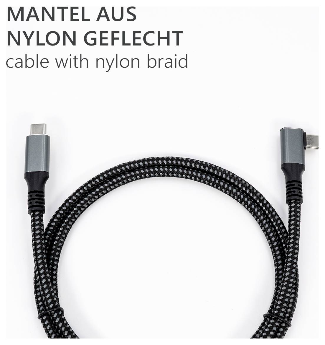 Ladekabel mit Nylonmantel und USB-C-Anschlüssen, robuste Bauweise. Text im Bild: 'Mantel aus Nylon geflecht, cable with nylon braid'.
