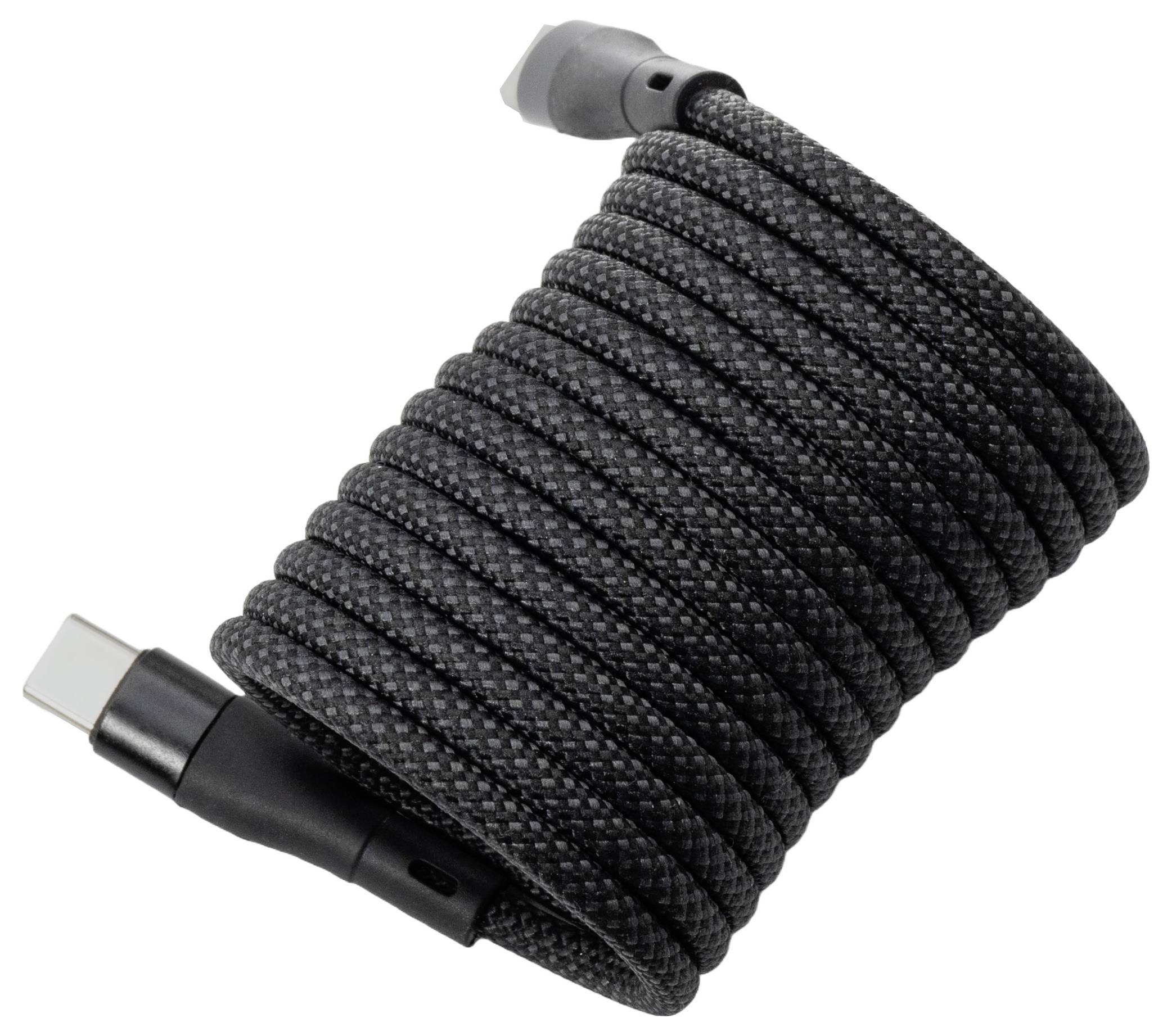 „Ein aufgewickeltes, schwarzes geflochtenes USB-C-Kabel mit Anschlüssen an beiden Enden ist ordentlich zusammengebündelt.