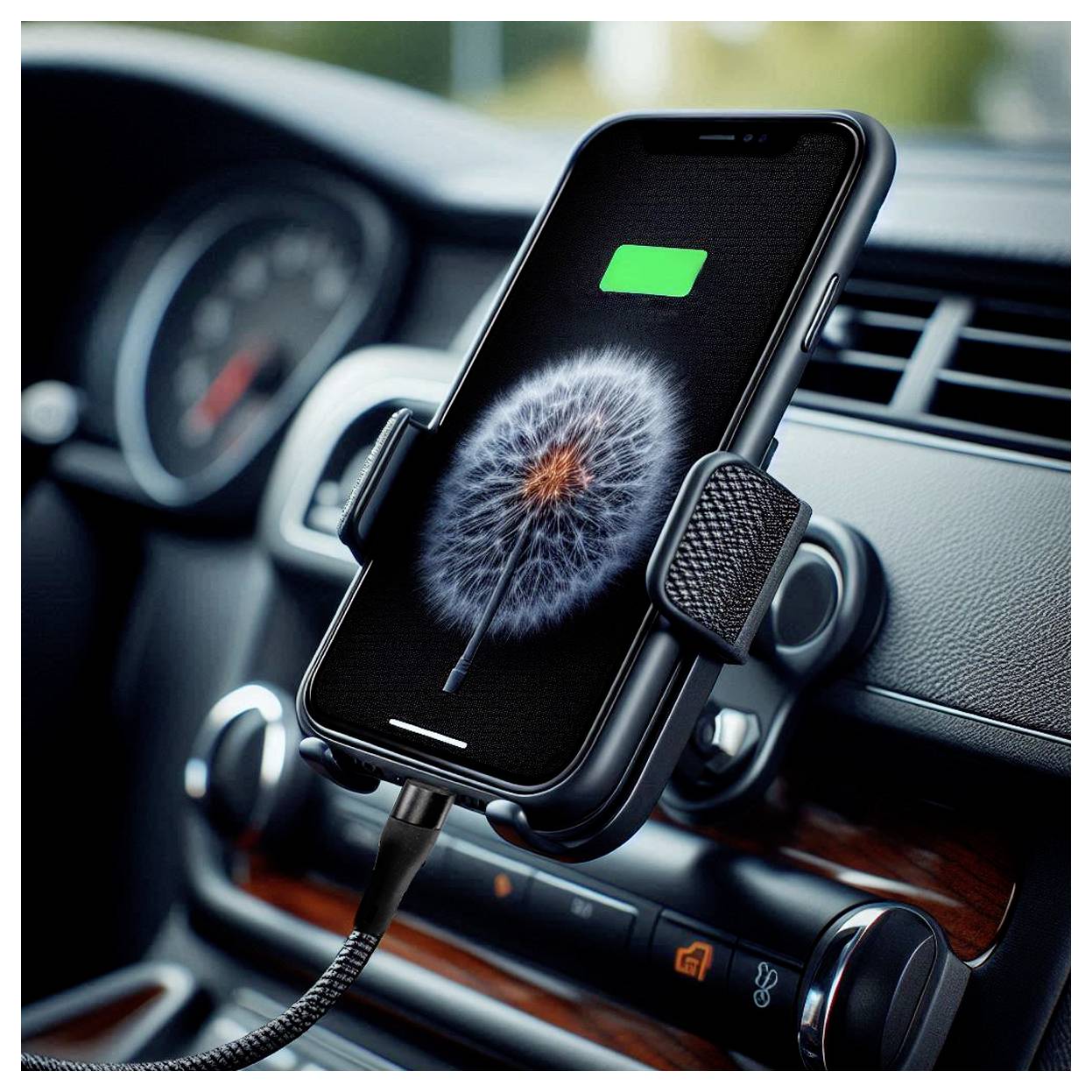 Ein Telefon in einer Autohalterung lädt und wird mit einem Batteriesymbol angezeigt, das den Ladevorgang zeigt. Das Armaturenbrett des Autos ist im Hintergrund sichtbar.