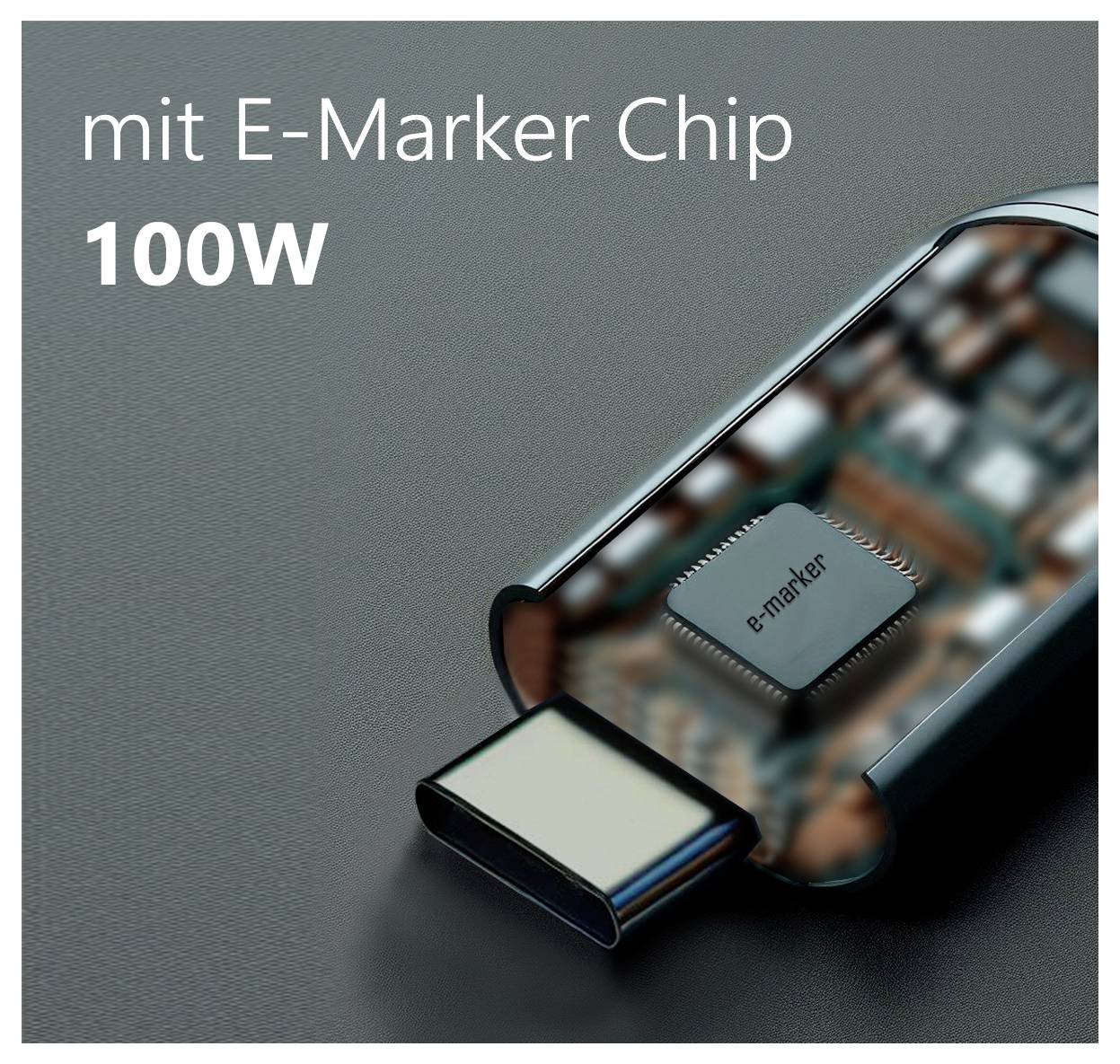 Abbildung eines USB-C-Steckers mit sichtbarem E-Marker-Chip, der '100W' unterstützt.