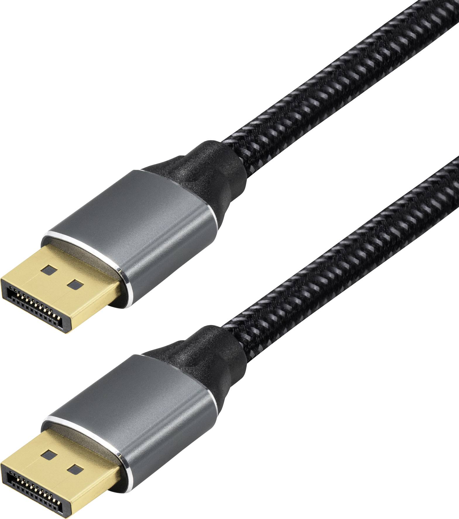 Zwei DisplayPort-Kabel mit geflochtener schwarzer Ummantelung und silbernen Anschlüssen, entwickelt für hochgeschwindigkeits Datenübertragung zwischen Geräten.