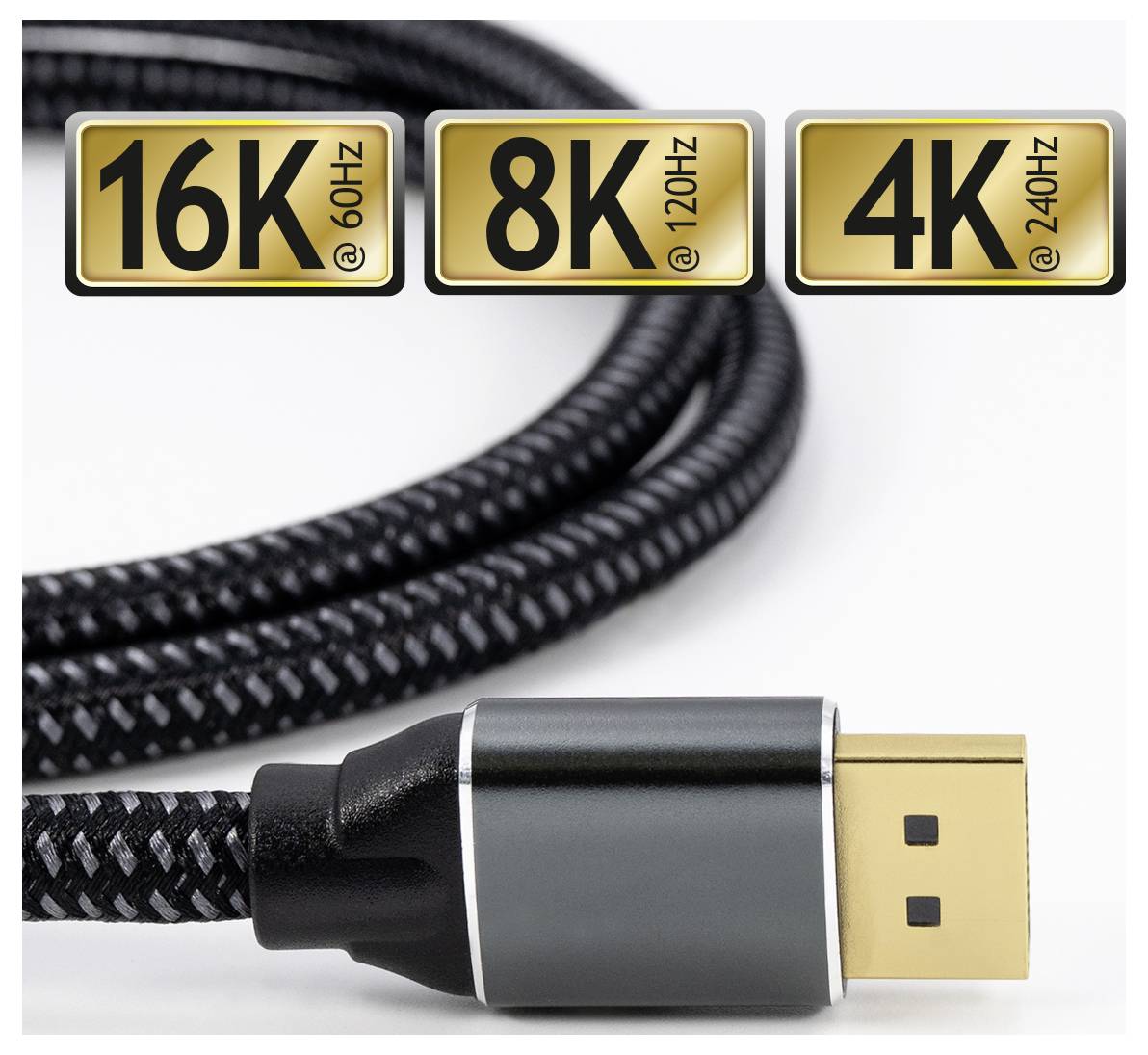 Close-up einer High-Speed-HDMI-Kabel mit Auflösungsfähigkeiten: '16K @ 60 Hz', '8K @ 120 Hz' und '4K @ 240 Hz'.