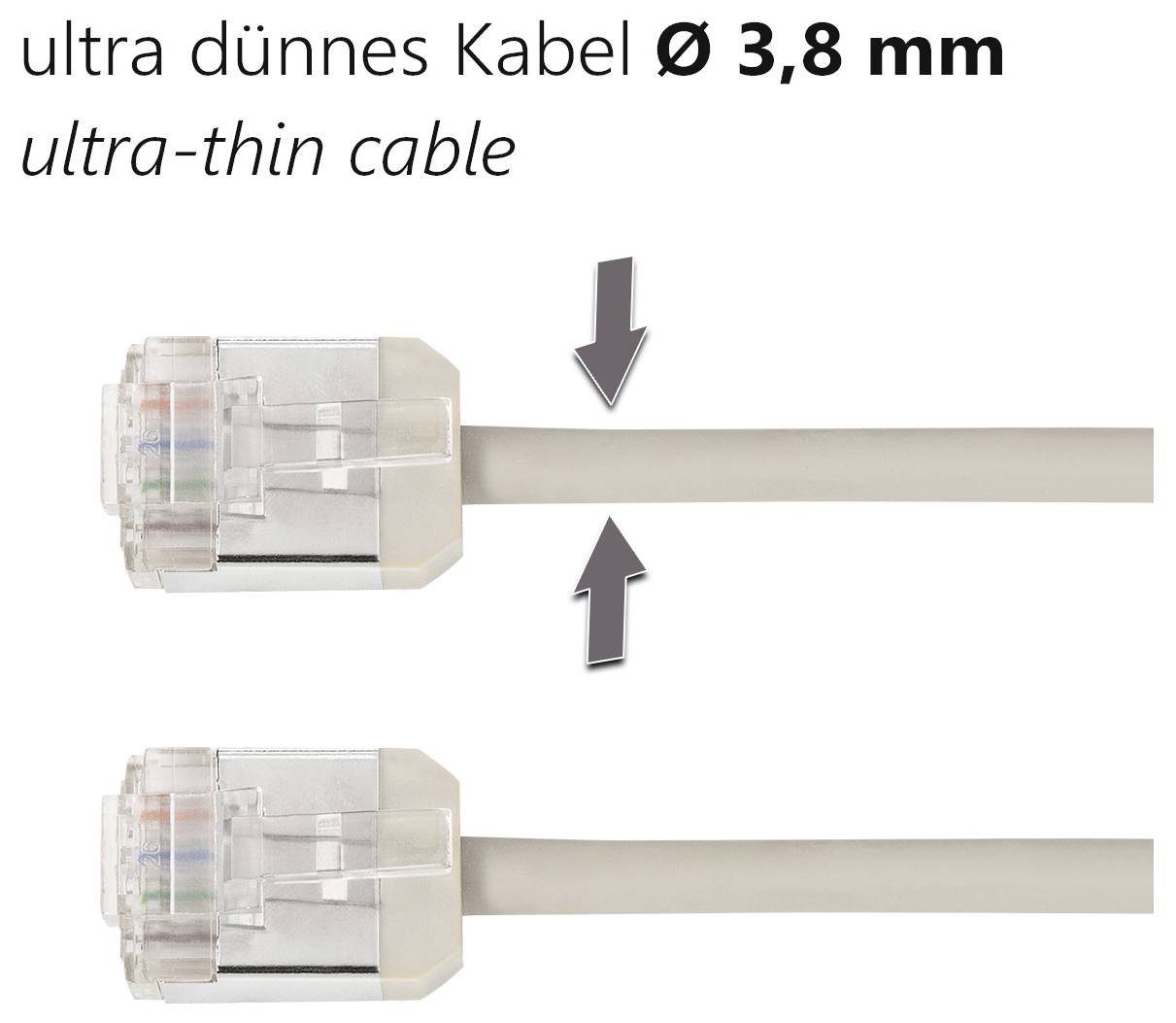 'Ultra dünnes Kabel Ø 3,8 mm' zeigt ein RJ45-Stecker mit einem sehr dünnen Kabel. Text auf Englisch: 'ultra-thin cable'.