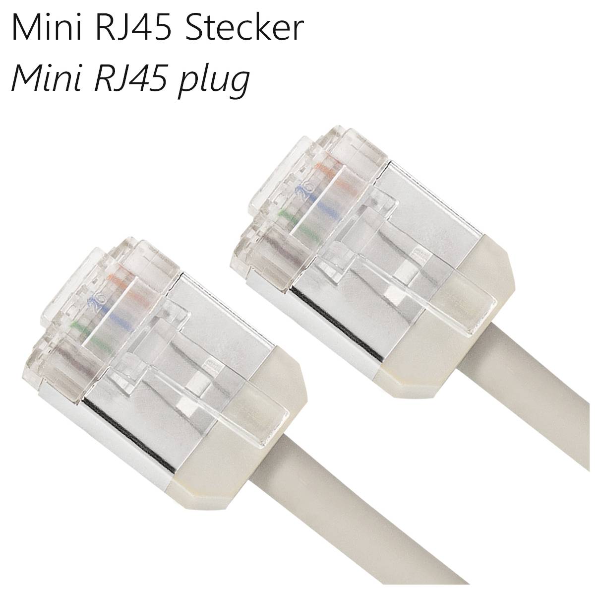 Zwei Mini RJ45 Stecker mit transparentem Plastikgehäuse und sichtbaren Kabeladern, geeignet für Netzwerkverbindungen.