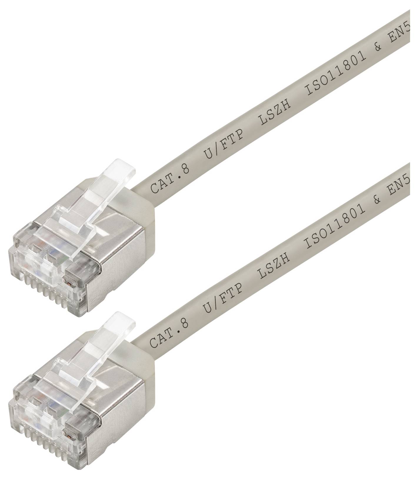 Zwei Cat 8 Ethernet-Kabel mit Metallsteckern. Kabel sind mit der Aufschrift 'CAT.8 U/FTP LSZH ISO11801 & EN5' gekennzeichnet.