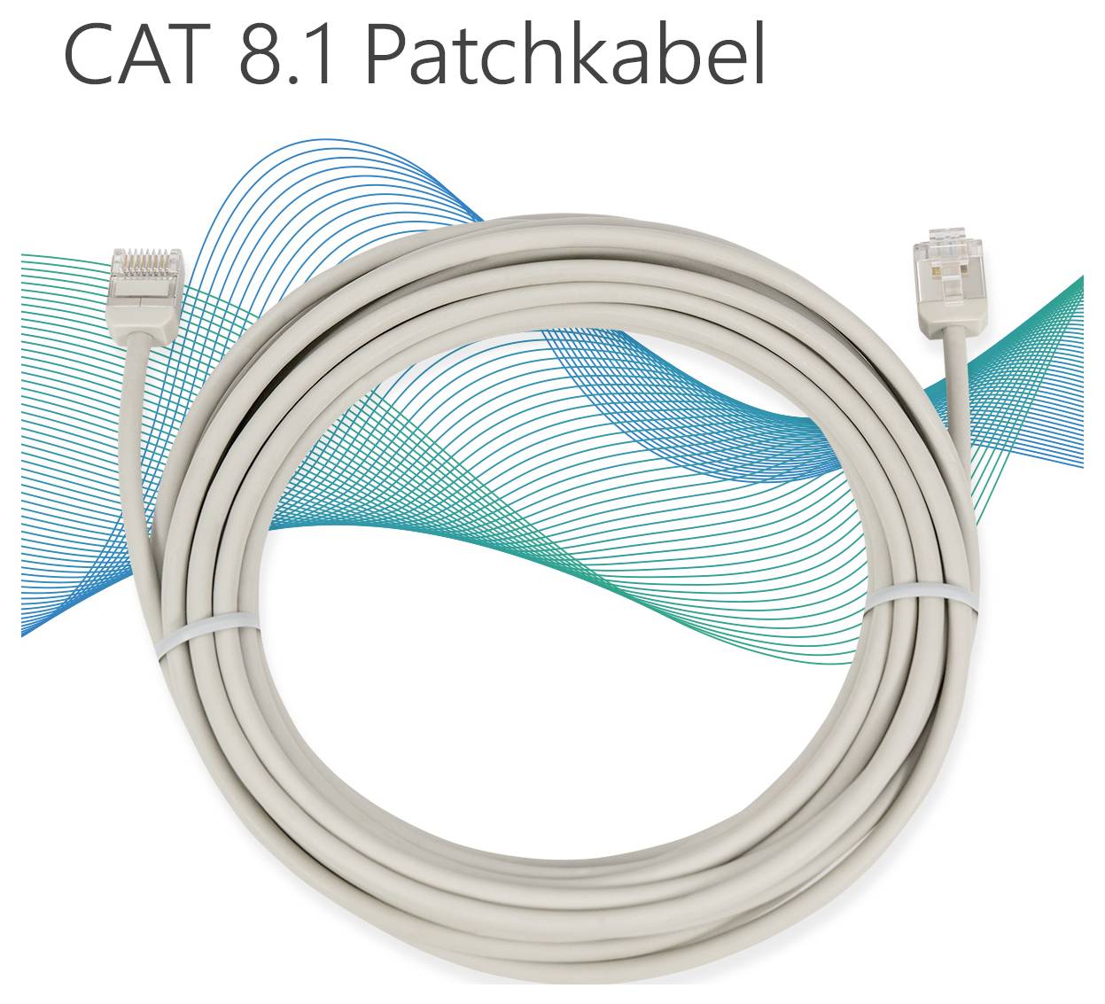 Ein aufgewickeltes beiges CAT 8.1 Patchkabel auf einem weißen Hintergrund mit blauen und grünen Wellenmustern. Text oben liest sich CAT 8.1 Patchkabel.
