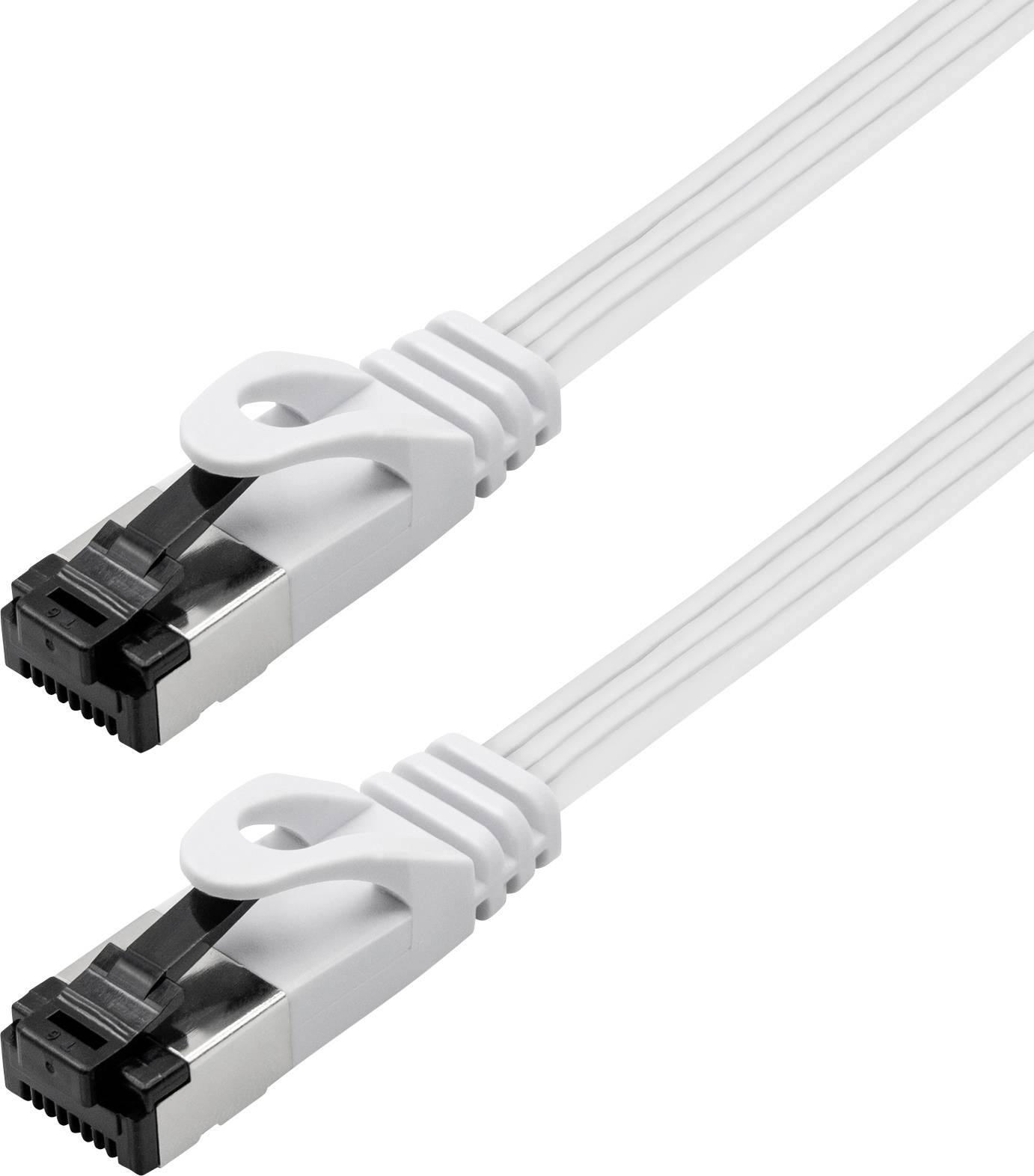 Zwei weiße flache Ethernet-Kabel mit RJ45-Steckern auf weißem Hintergrund.