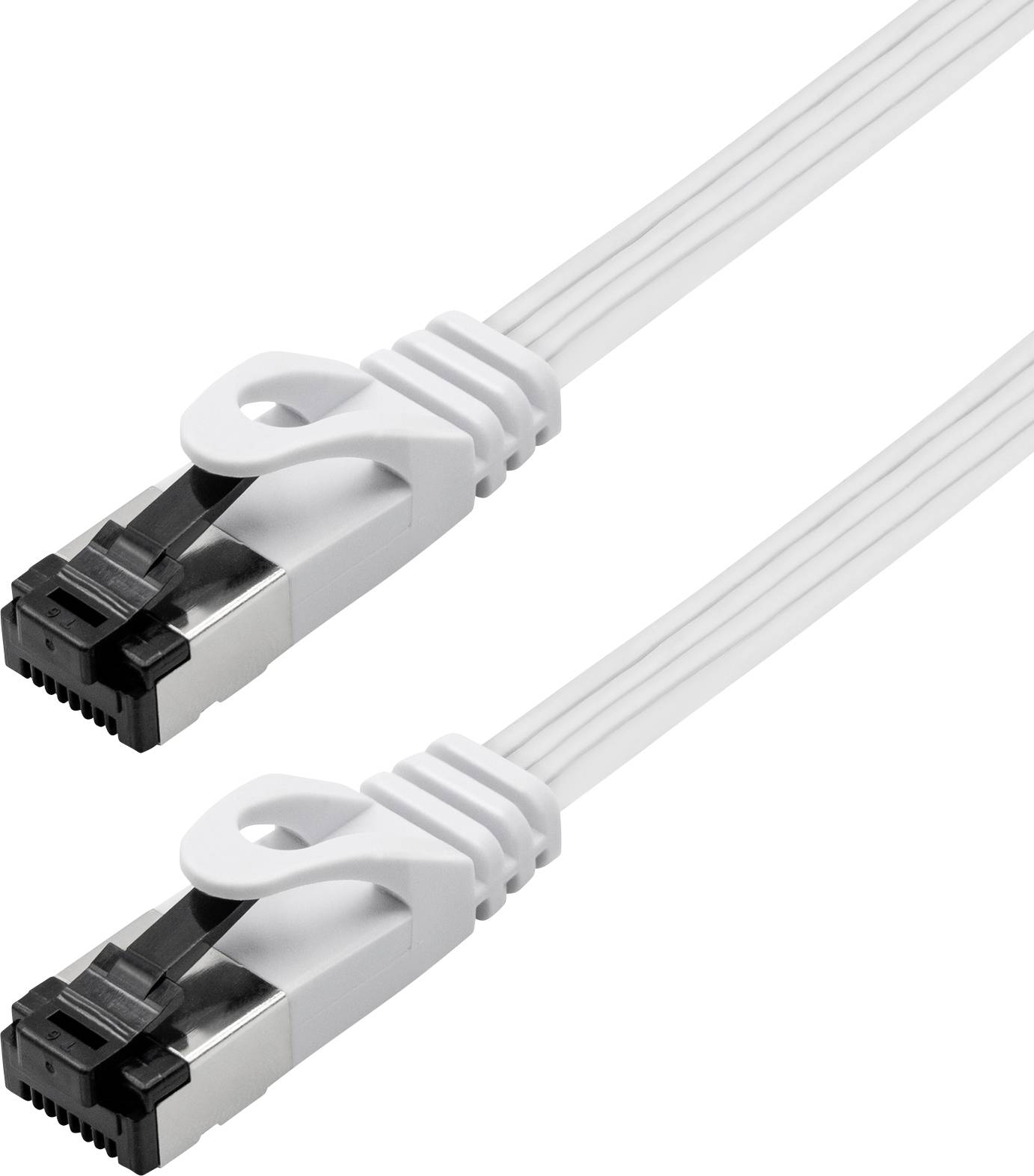 Zwei weiße Ethernet-Kabel mit transparenten Schutzabdeckungen auf den Steckern werden vor einem weißen Hintergrund dargestellt.