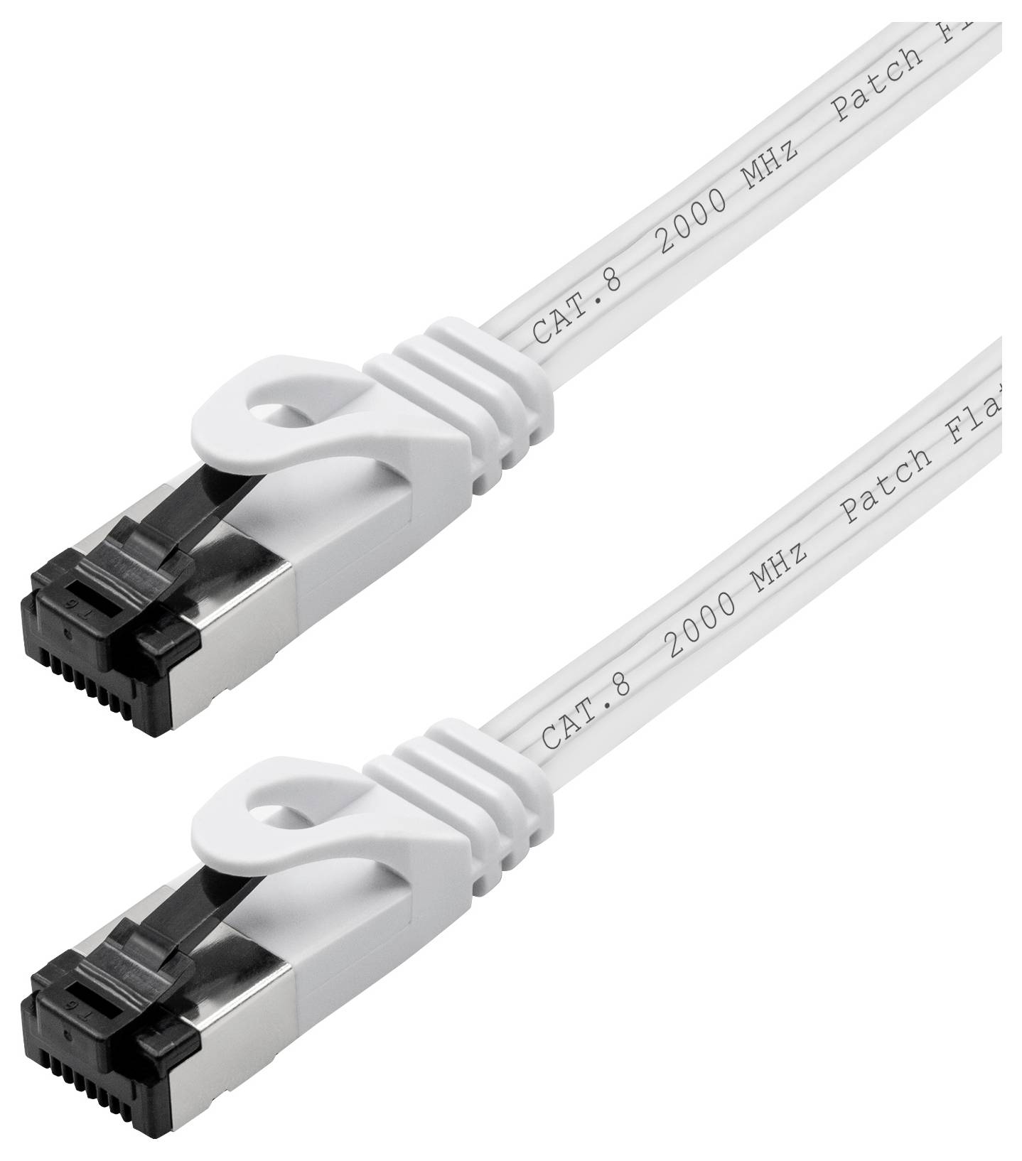 Zwei Cat8-Ethernet-Kabel mit weißem flachem Design und schwarzen Anschlüssen. Die Kabel sind mit der Aufschrift 