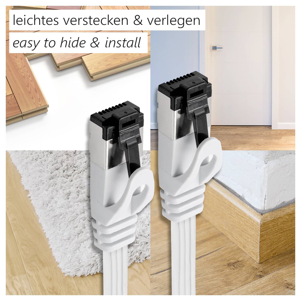 Zwei Steckdosenleisten am Boden, eine auf Teppich und eine auf Holz, Text darüber: leichtes Verstecken & Verlegen.