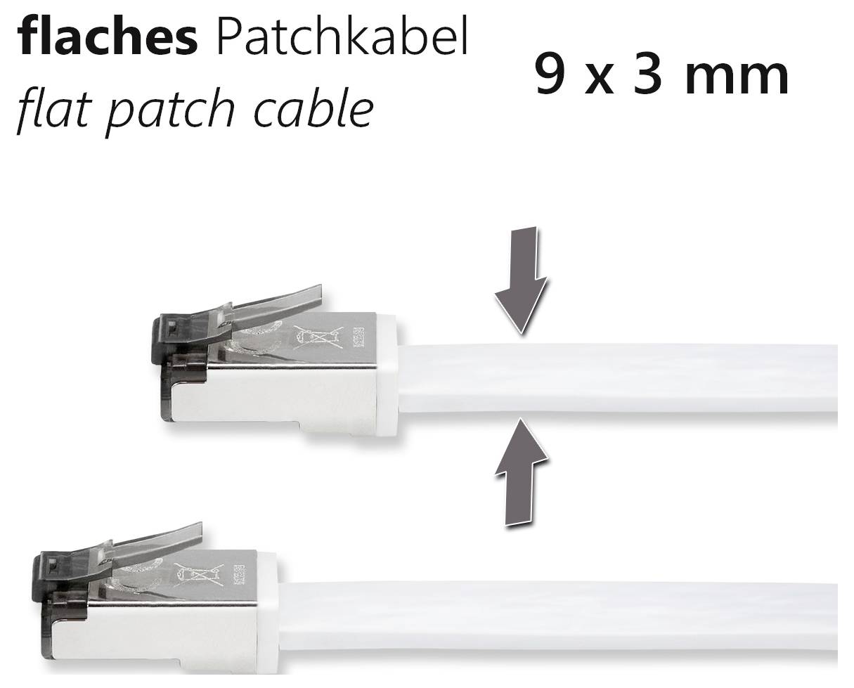 Flaches Patchkabel, 9 x 3 mm, mit zwei RJ45-Steckern. Zeichnungen zeigen, wie das Kabel flach bleibt und einfach zu verlegen ist.