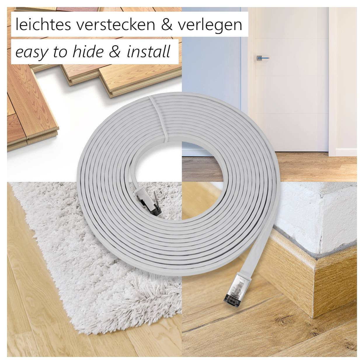 Leichtes Verstecken & Verlegen: Flachkabel auf Teppich, Holz- und Fliesenboden. Einfach zu installieren. Weißes Flachkabel abgebildet.
