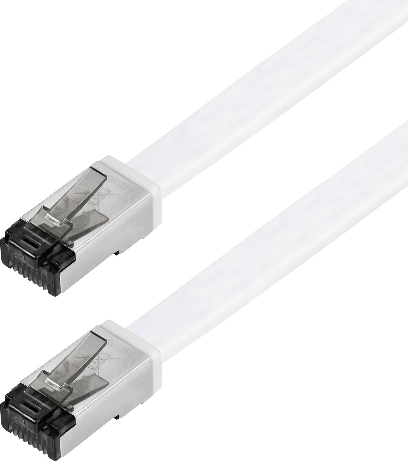 Zwei weiße Ethernet-Kabel mit transparenten Steckern, die vor einem einfarbigen Hintergrund gezeigt werden und Verbindungshardware darstellen.