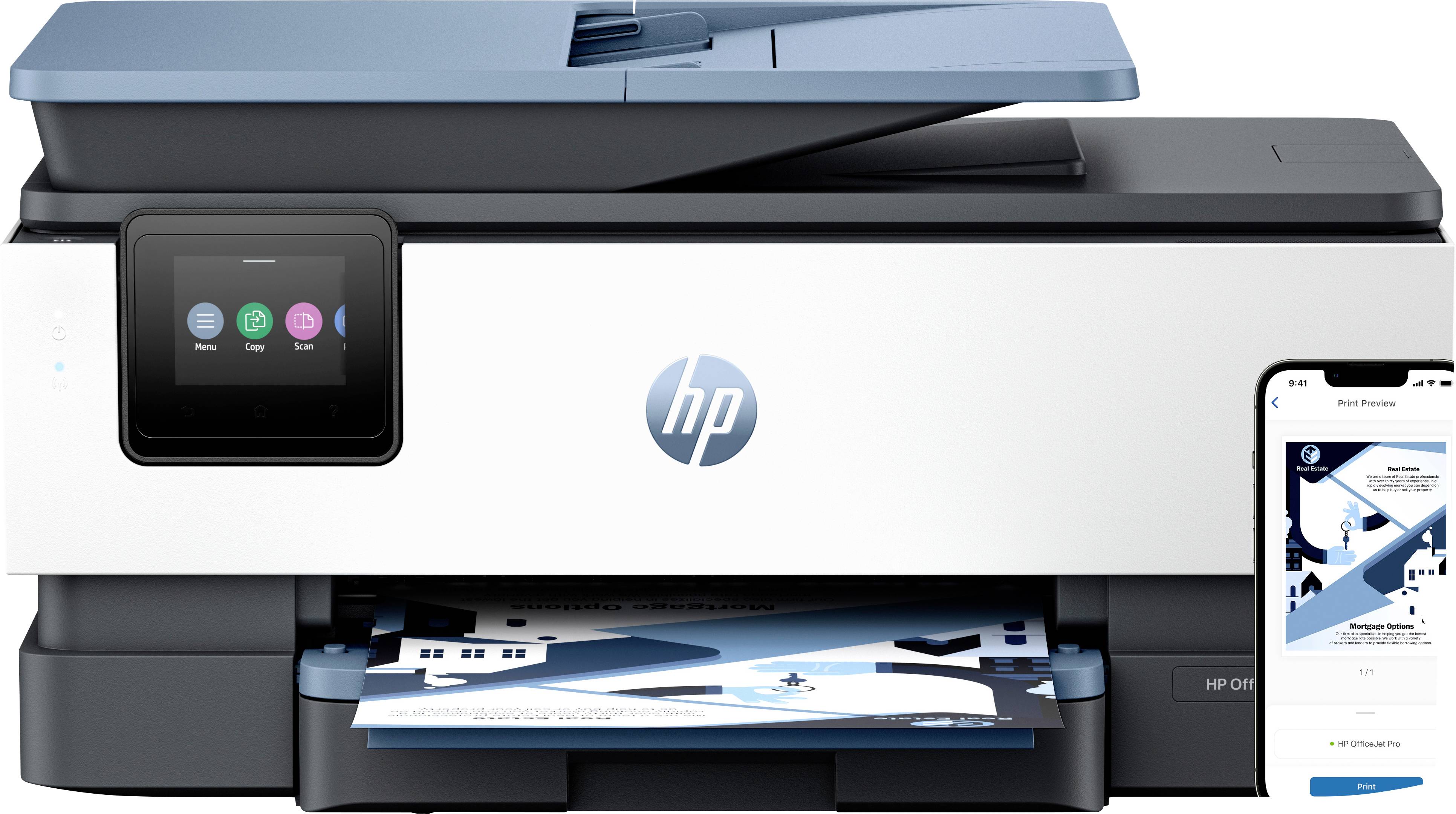 Ein moderner Multifunktionsdrucker mit einem digitalen Display, neben dem eine Smartphone-App-Schnittstelle für Ferndrucken zu sehen ist.