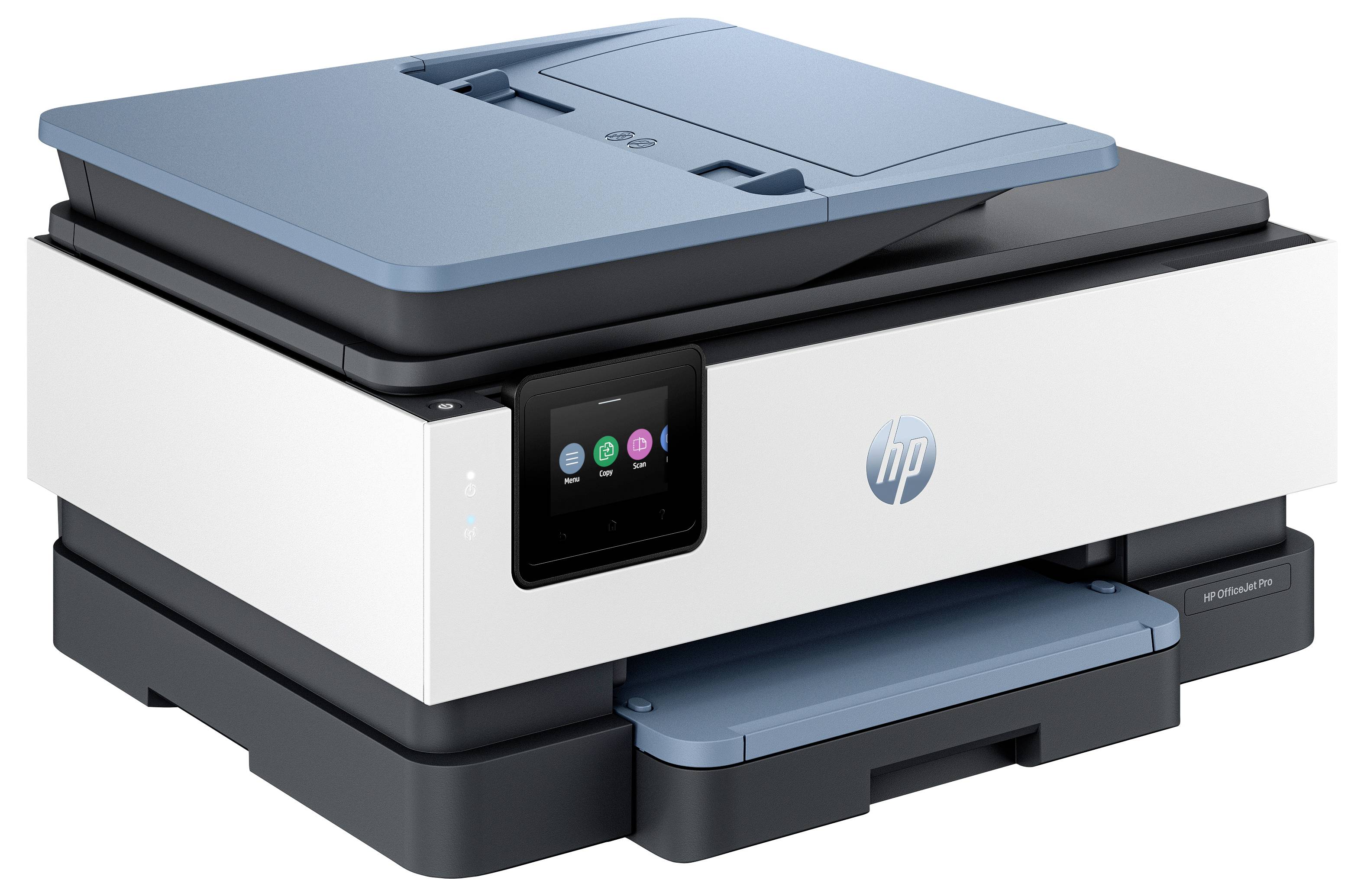 Ein modernes, kompaktes All-in-One-Drucker mit blauer Oberseite und einem kleinen Display-Bildschirm, geeignet für Heim- oder Büronutzung.