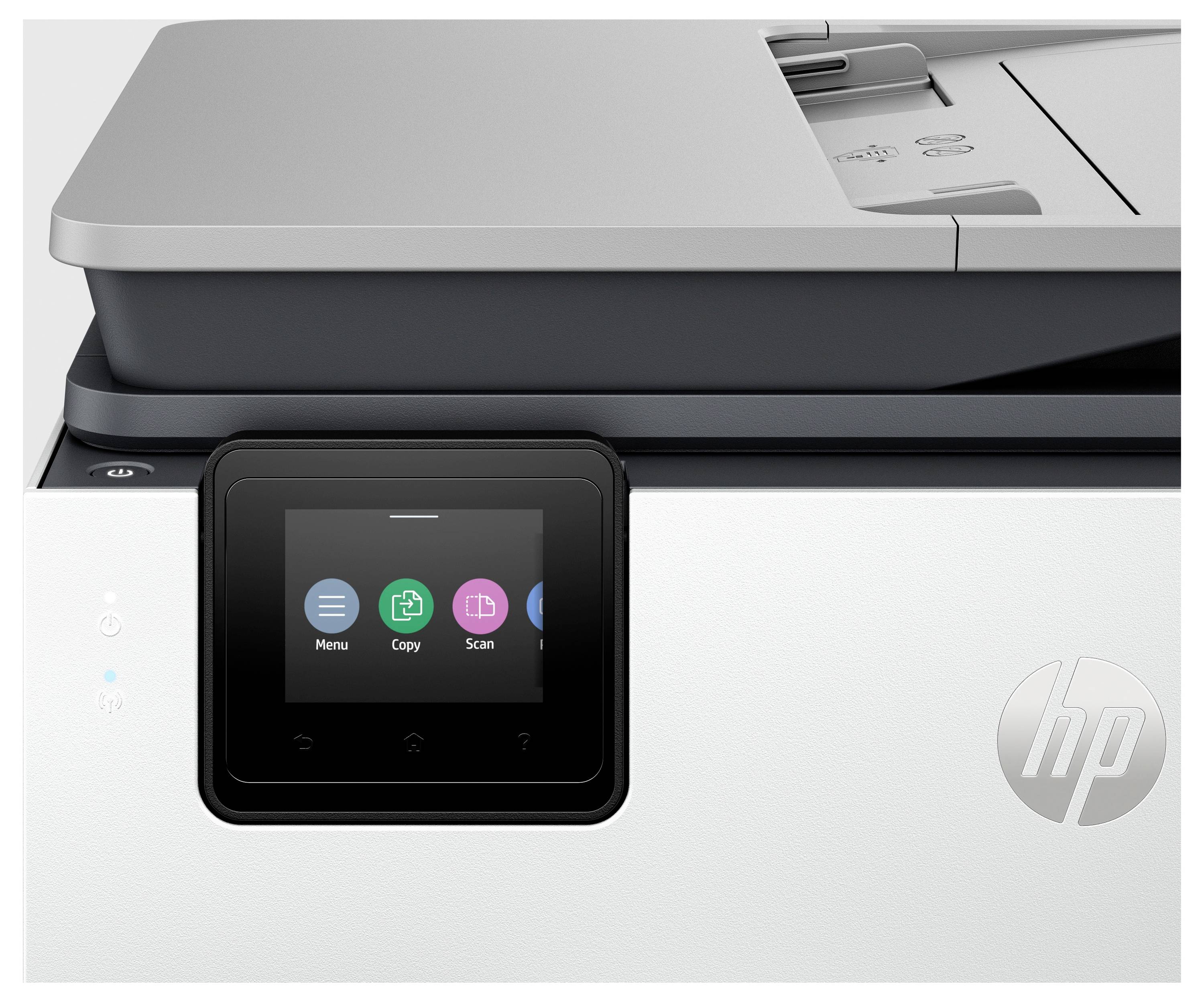 Vorderansicht eines HP-Multifunktionsdruckers mit Touchscreen, auf dem die Symbole Menü, Kopieren und Scannen angezeigt werden.