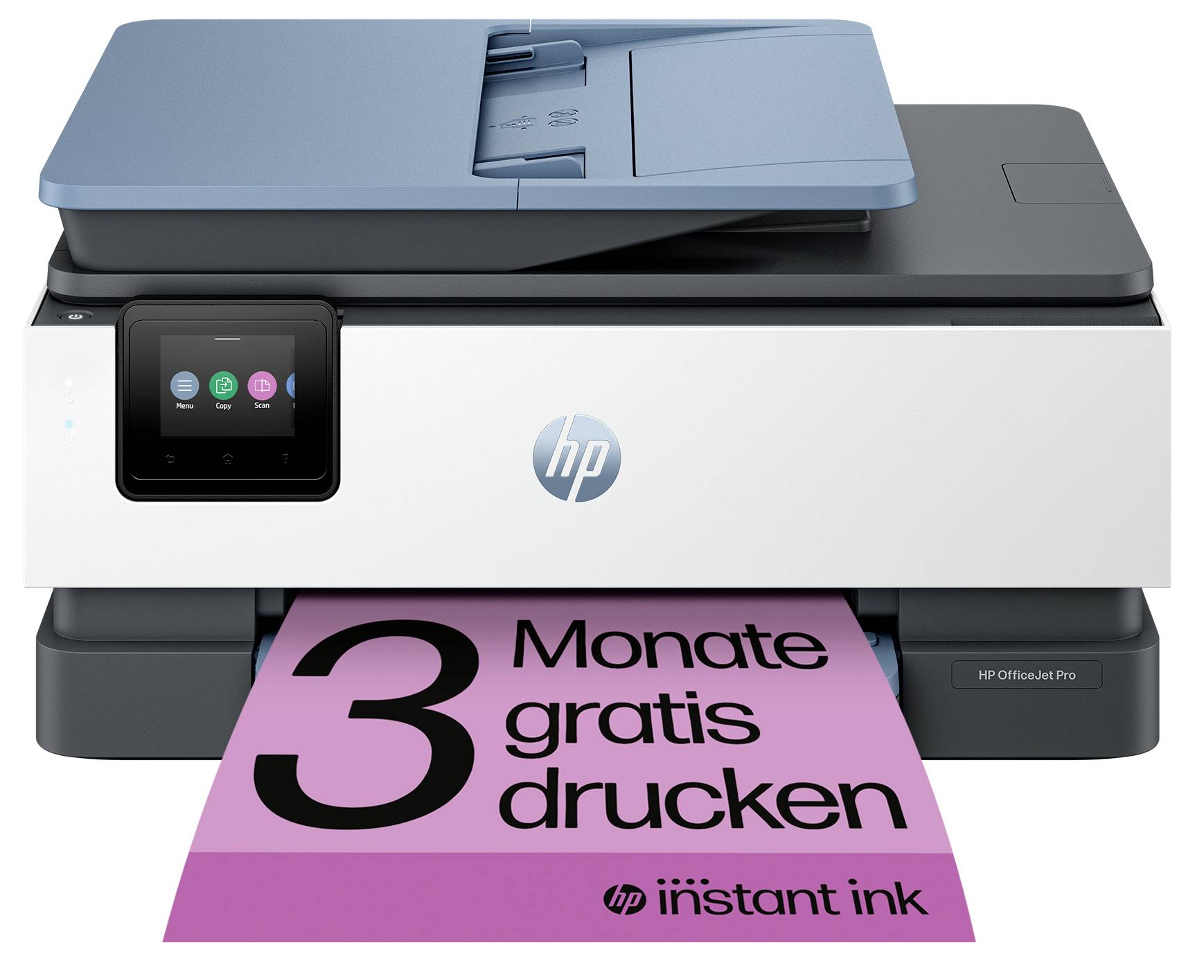 Ein Drucker mit einem rosa Blatt, auf dem der Text '3 Monate gratis drucken' steht, der ein kostenloses Drucken für drei Monate mit Instant Ink anzeigt.