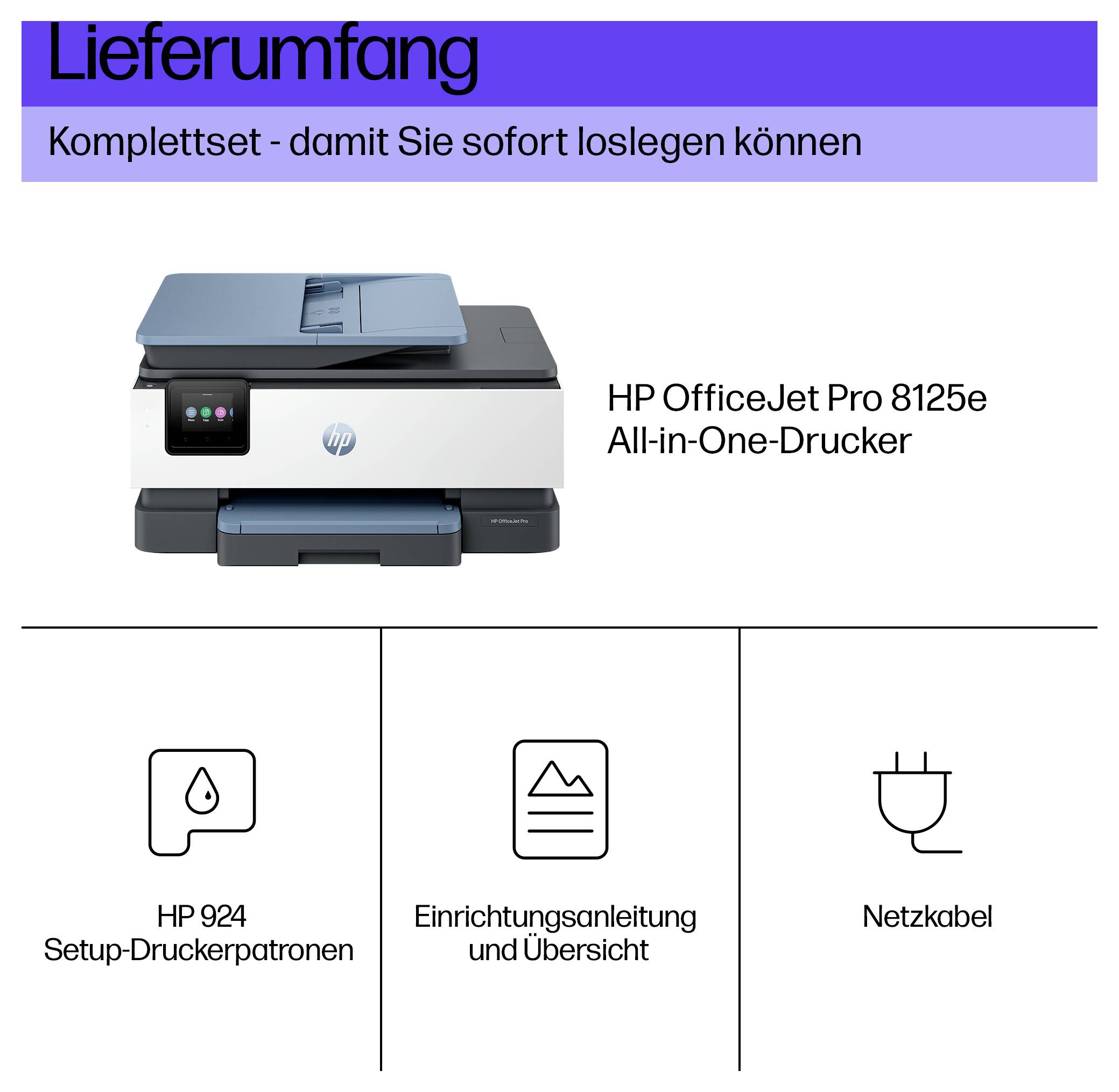 Das Bild zeigt den 'HP OfficeJet Pro 8125e All-in-One Drucker' mit Symbolen für 'HP 924 Setup-Patronen', 'Installationsanleitung' und 'Netzkabel'.