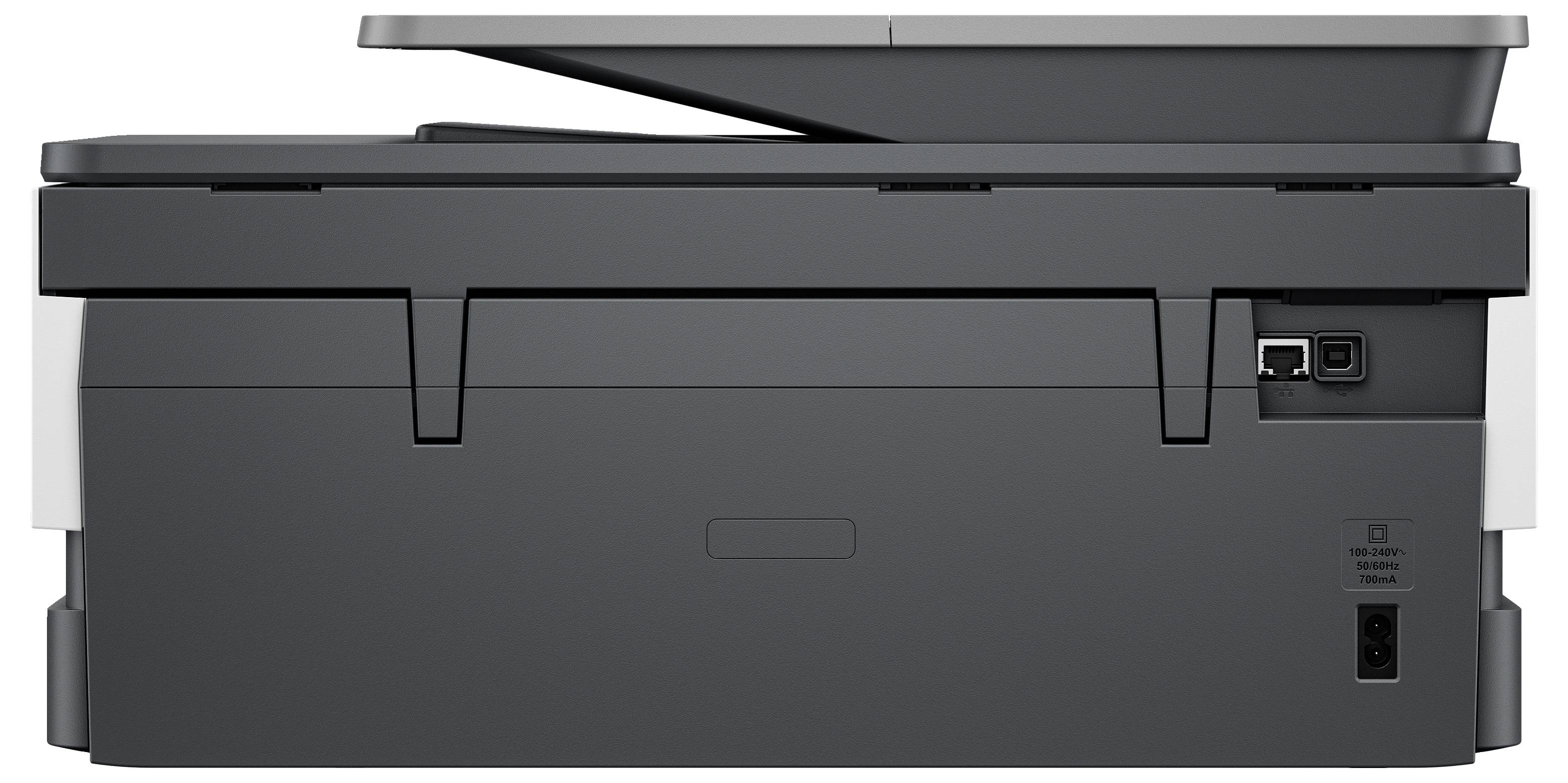 Ein schwarzer Multifunktionsdrucker mit einem Flachbettscanner, USB- und Ethernet-Anschlüssen, die auf der Rückseite sichtbar sind.