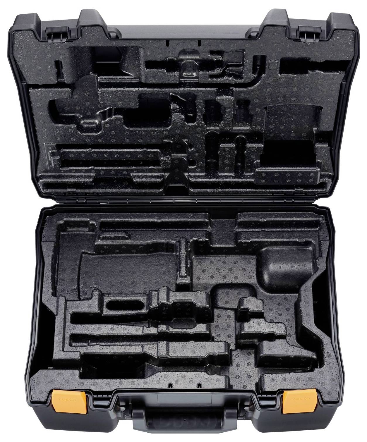 Öffnen Sie den schwarzen Werkzeugkoffer mit maßgeschneiderten Schaumstoffeinsätzen, die für verschiedene Werkzeuge ausgeschnitten sind, der derzeit leer ist.