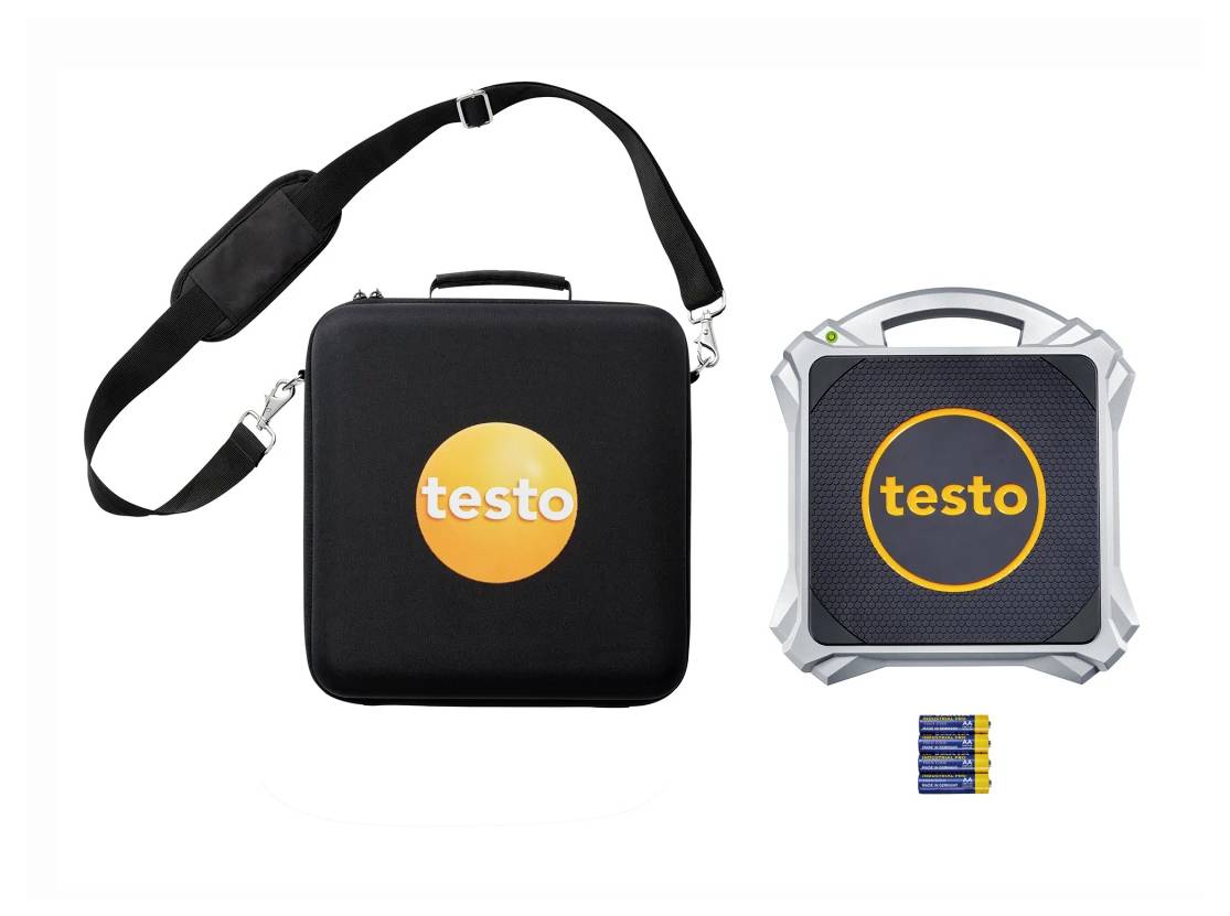 Tragbares Gerät mit 'testo' Markenlogo, Schutzkoffer und vier AA-Batterien.