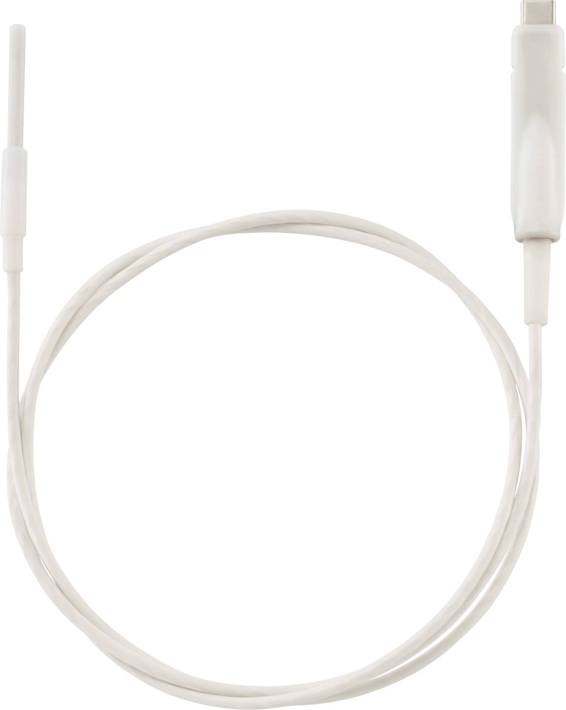 Ein weißes USB-Ladekabel mit einem Ende, das einen USB-A-Stecker und am anderen Ende einen USB-C-Stecker aufweist, das zu einem Kreis aufgerollt ist.