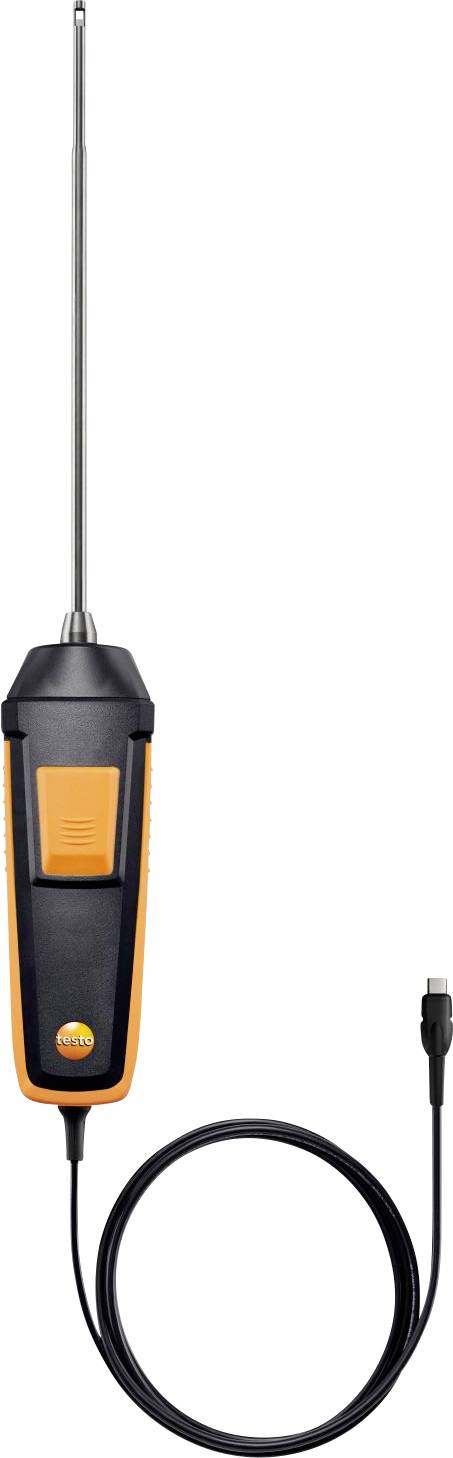 Temperatursonde mit einem langen Metallsensor, schwarzem und orangefarbenem Griff und einem spiralförmigen Kabel zur Verbindung mit Geräten, verwendet für präzise Temperaturmessungen.