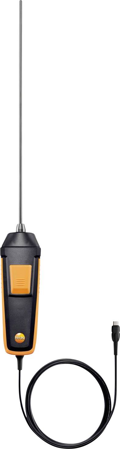 Eine digitale Temperatursonde mit einem langen Metallsensor und einem orange-schwarzen Griff, der über ein Kabel angeschlossen ist und zur Temperaturmessung verwendet wird.