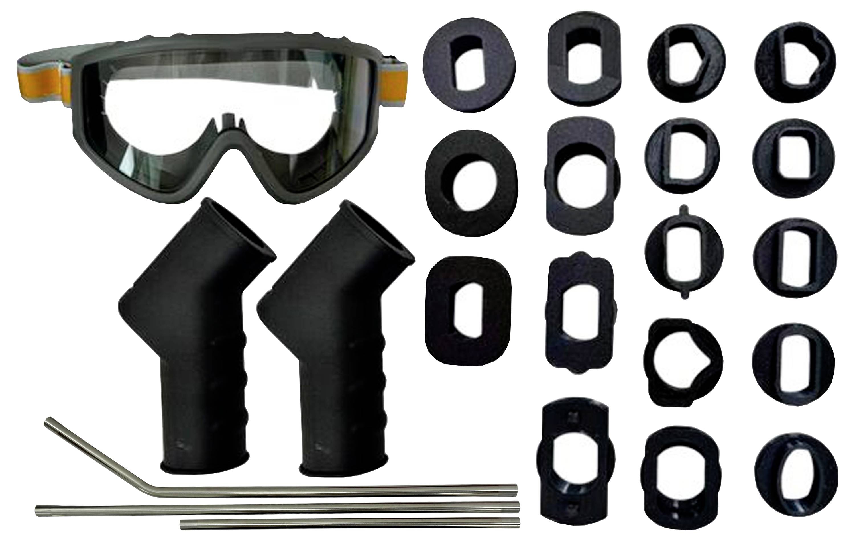 Schutzbrille mit orangefarbenen Akzenten werden neben schwarzen Gummibefestigungen und mehreren Metallröhren ausgestellt, wahrscheinlich für einen Montageaufbau.