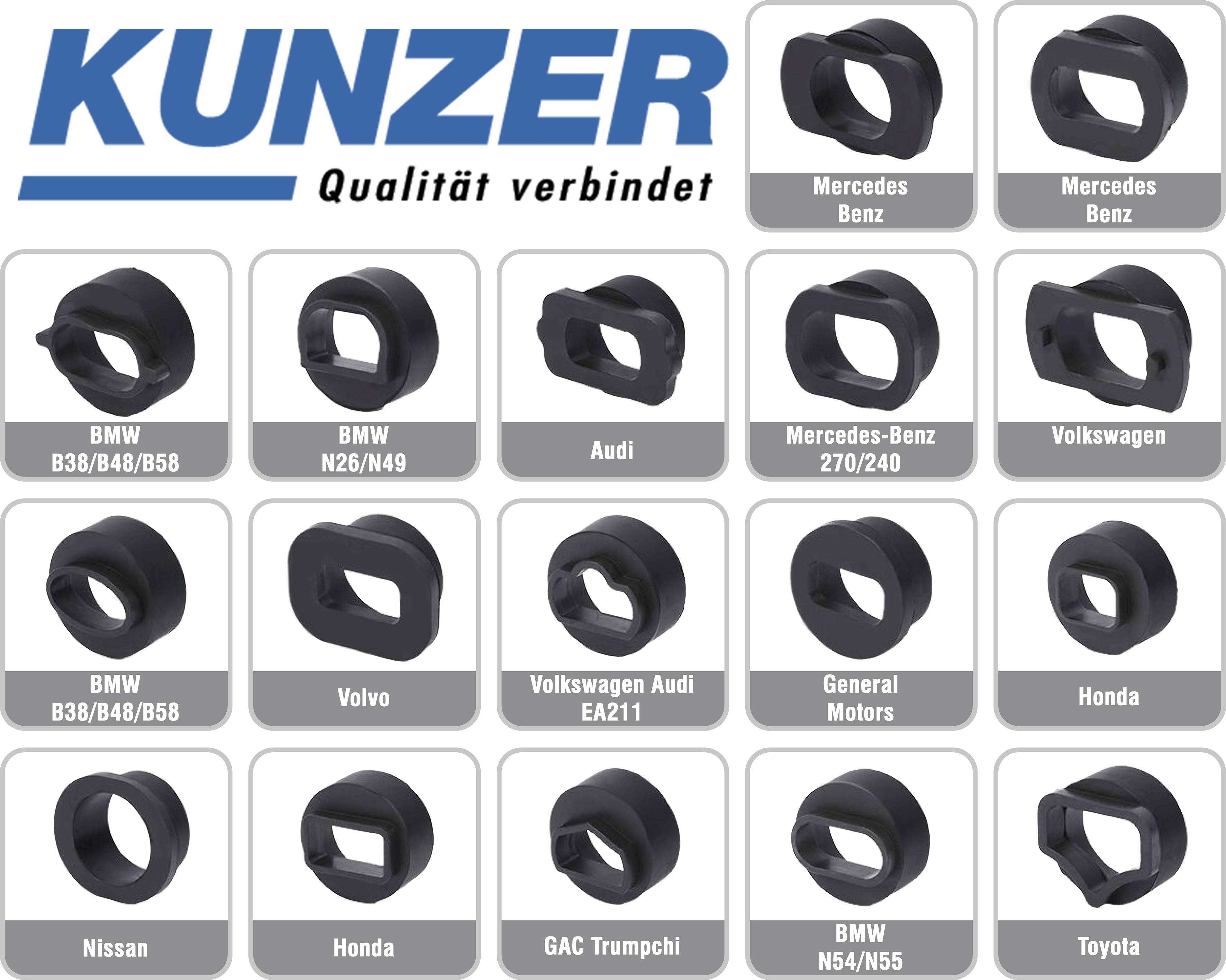 'Kunzer' Logo oben. Darunter ein Raster von Adapter-Illustrationen mit Beschriftungen: Mercedes Benz, BMW, Audi, Volkswagen, Honda, Volvo, General Motors, Nissan, GAC Trumpchi, Toyota.