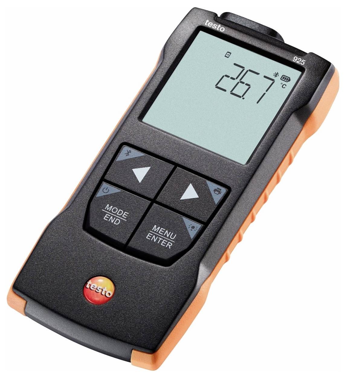 Ein digitales Thermometer, das '26,7°C' anzeigt, mit Steuerungstasten für Modus, Menü und Navigation, auf dem das Gerät mit der Marke 'Testo' versehen ist.