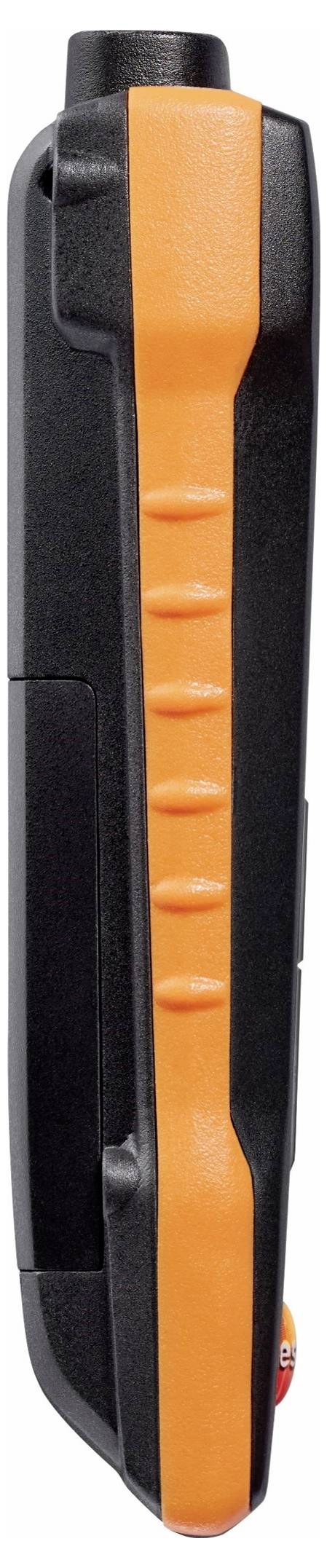 Ein schwarzes und orangefarbenes Handgerät mit einer strukturierten Griffoberfläche an der Seite, aus einer seitlichen Perspektive betrachtet.
