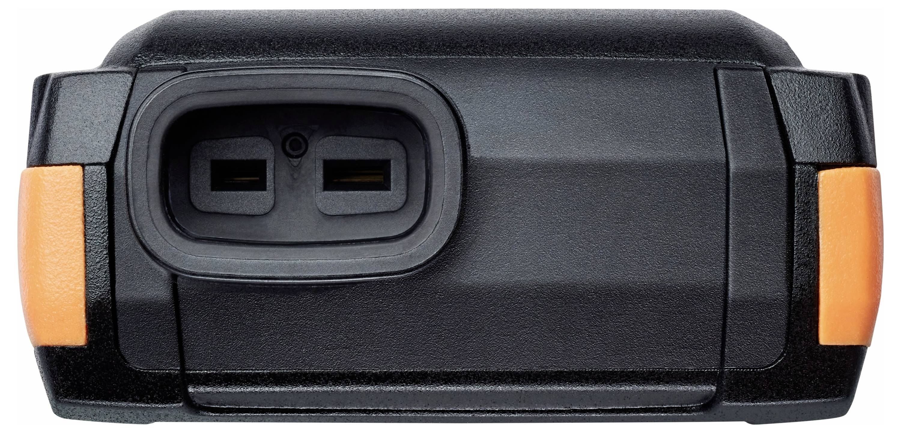 Eine Nahaufnahme eines schwarzen Akkupacks für Elektrowerkzeuge mit orangefarbener Akzentuierung und zwei Anschlussports, konzipiert für kabellose Werkzeuge.