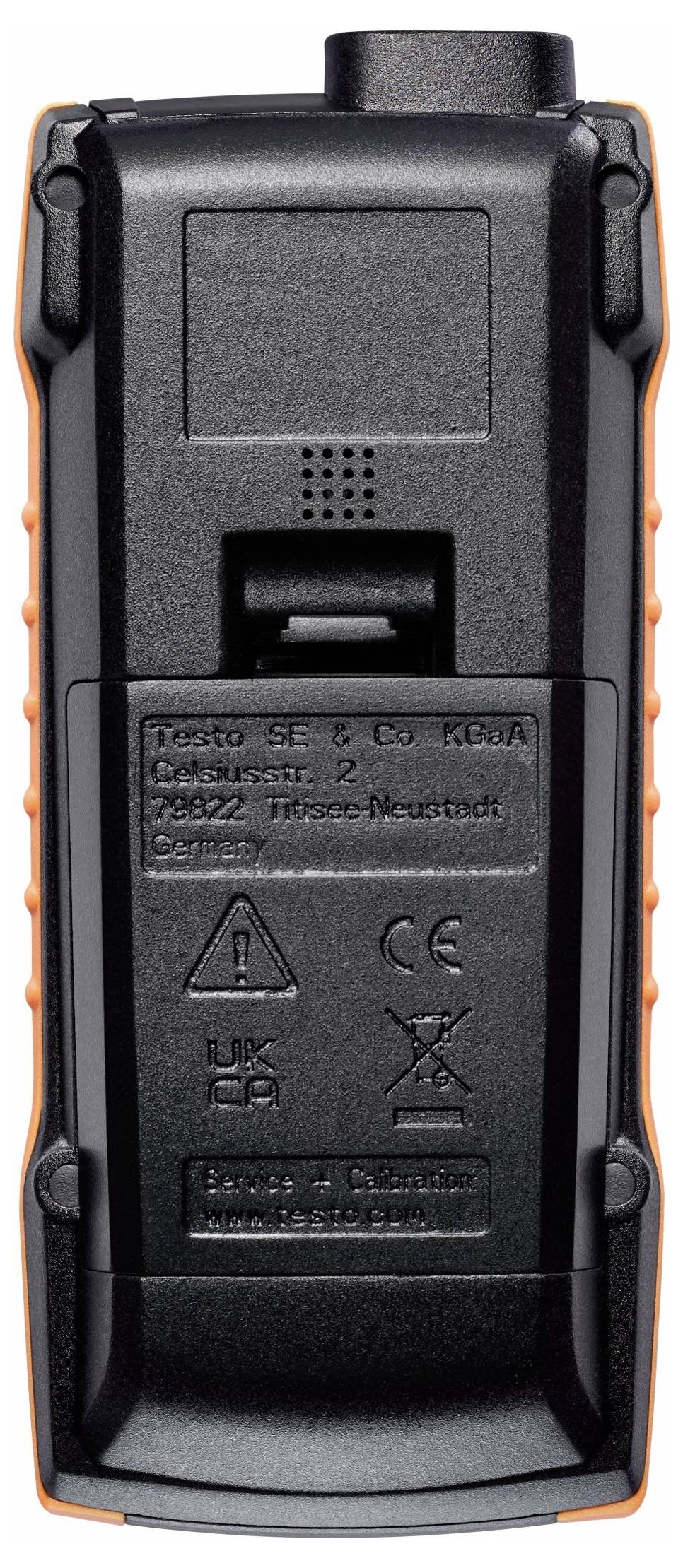 Ein tragbares elektronisches Gerät, von hinten betrachtet, das technische Spezifikationen, Zertifizierungslogos und Herstellerinformationen zeigt.