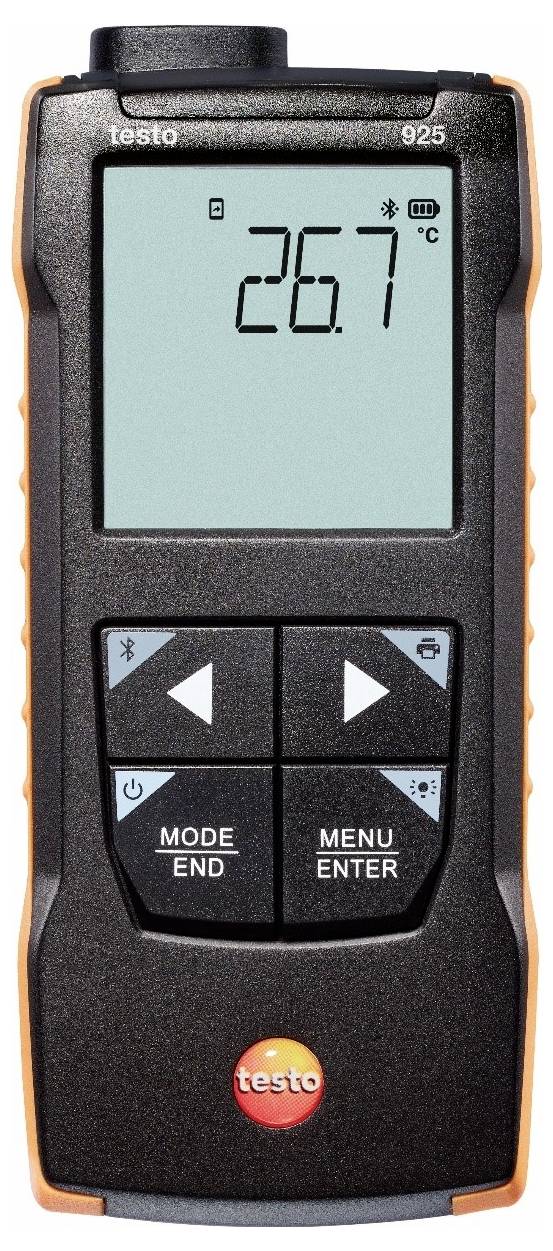 Ein tragbares digitales Thermometer mit einer Temperaturanzeige von 26,7°C auf dem Display und Navigationstasten darunter.